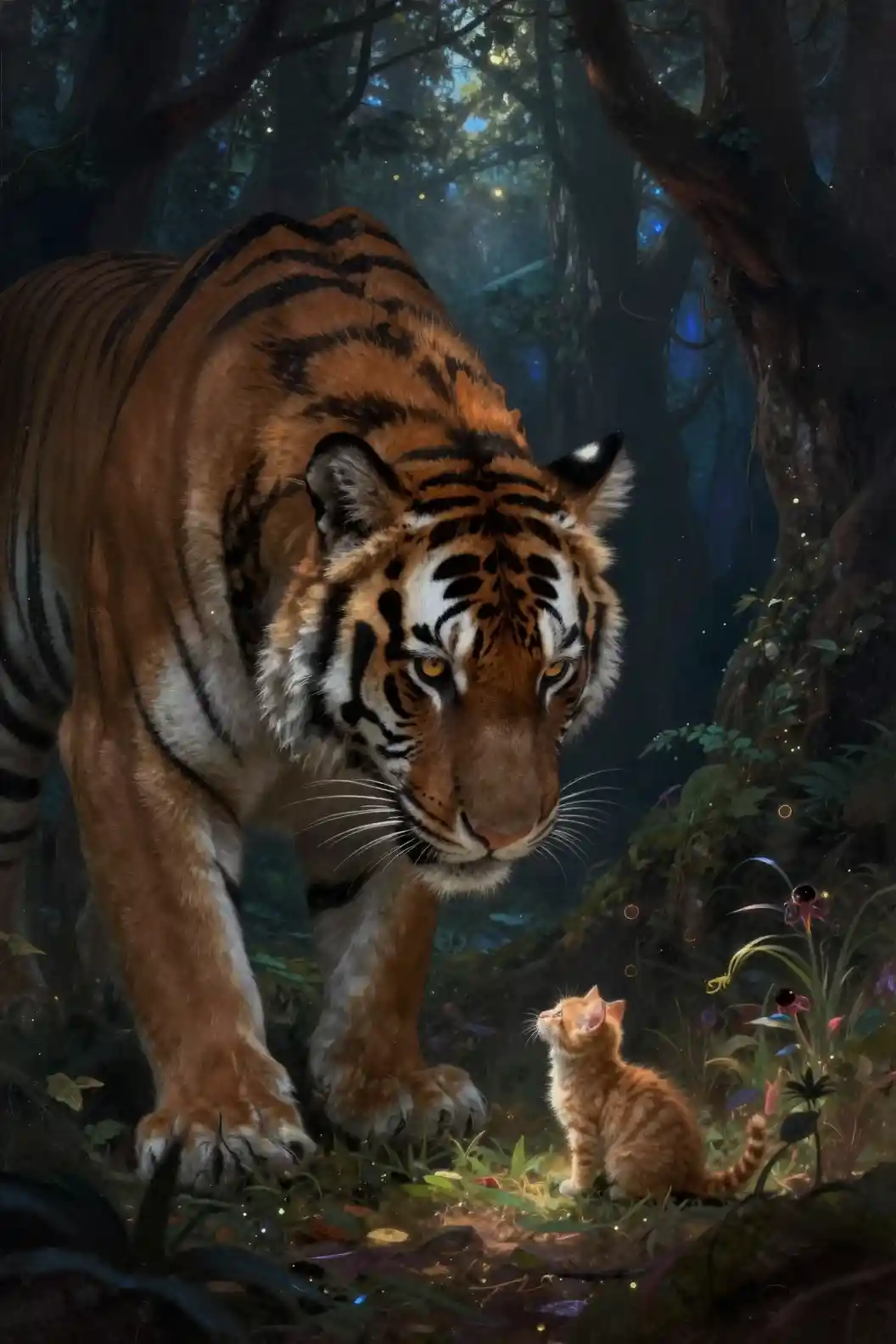 Tiger and kitten in a mystical twilight forest clearing