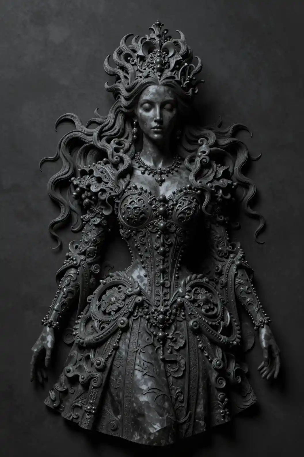 Gothic queen sculpture in dark obsidian with baroque detail
