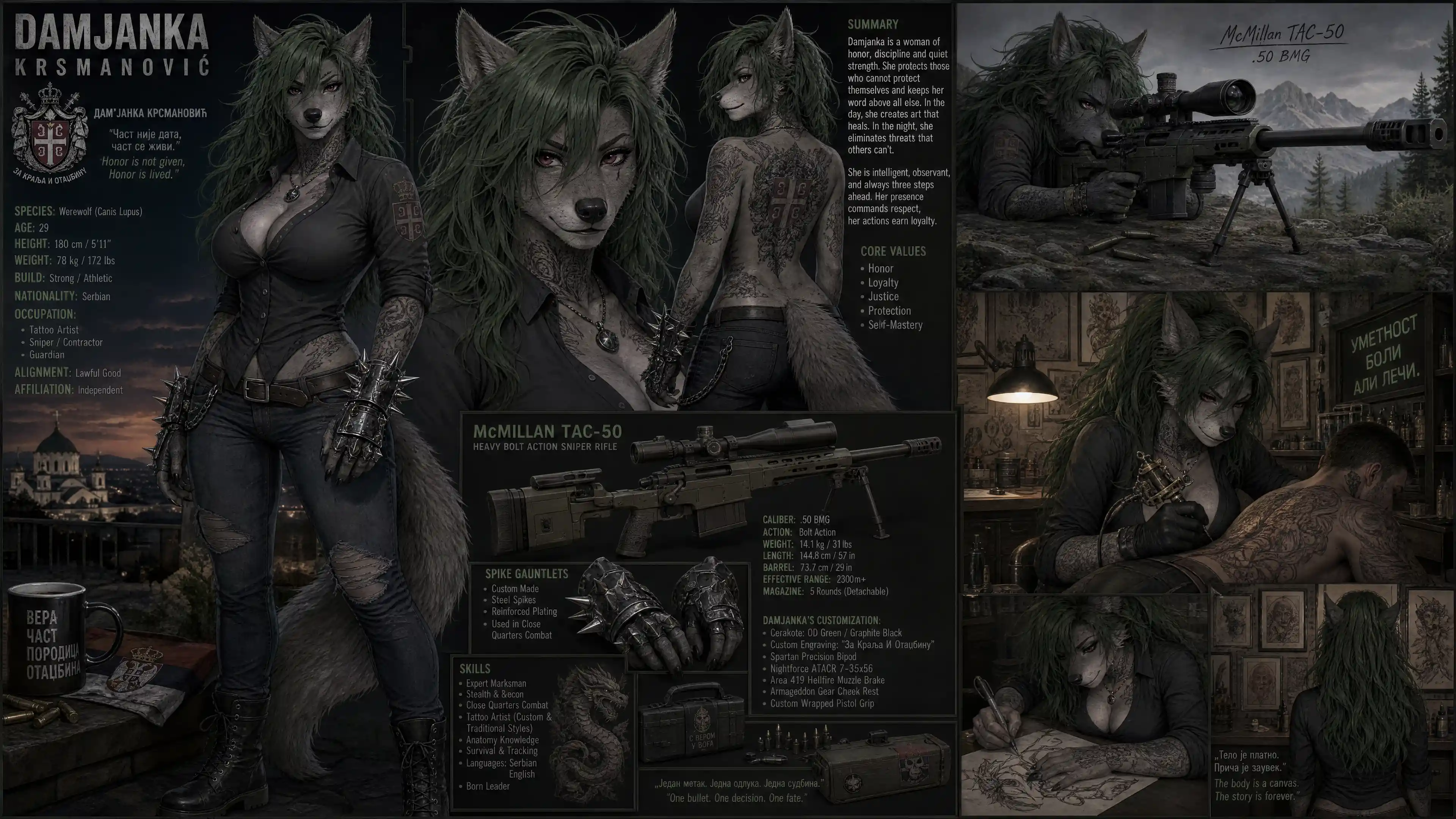 Anthro werewolf warrior woman with rifle and tattoos