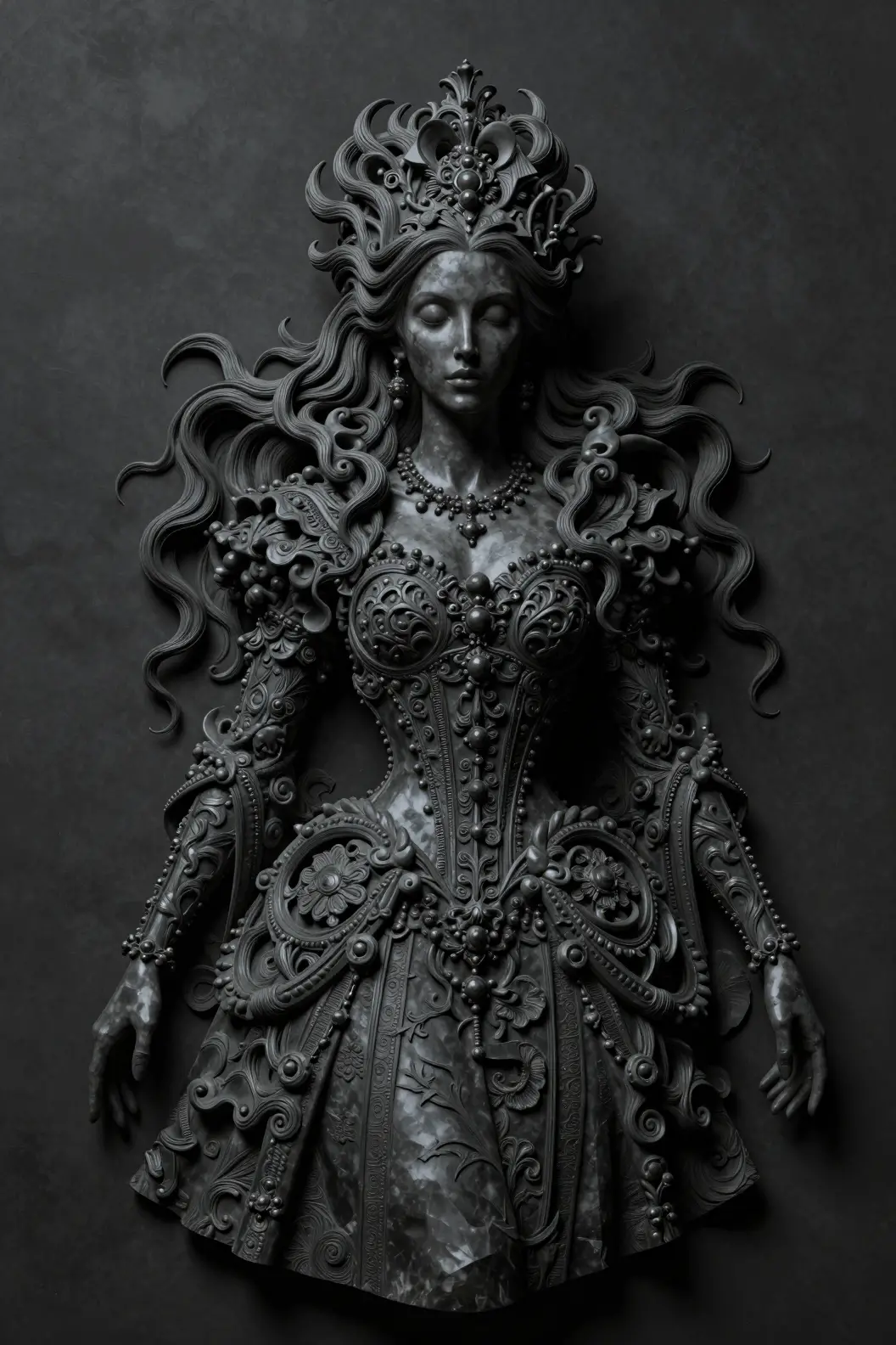 Gothic queen sculpture in dark obsidian with baroque detail