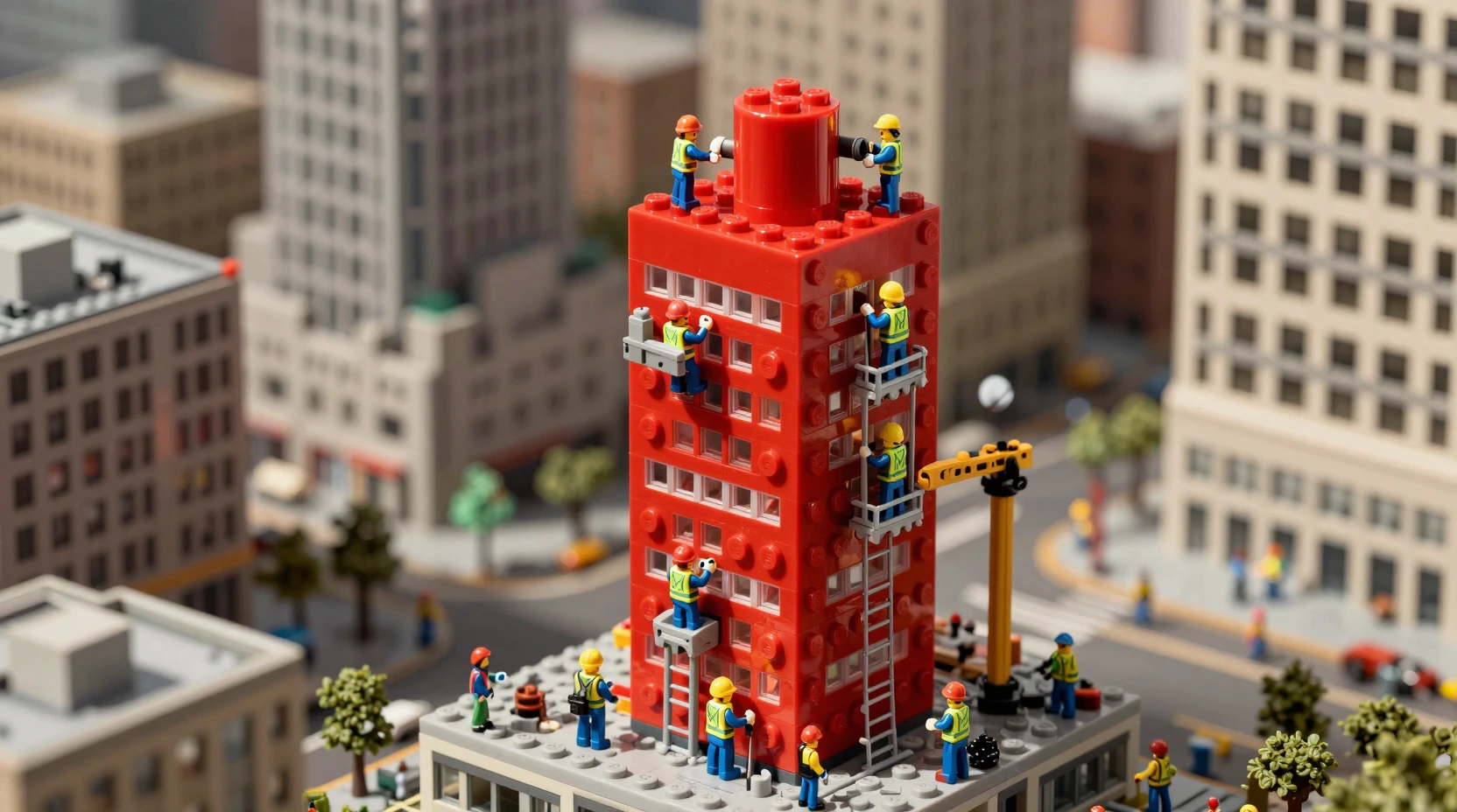 Giant red lego brick under construction in city plaza