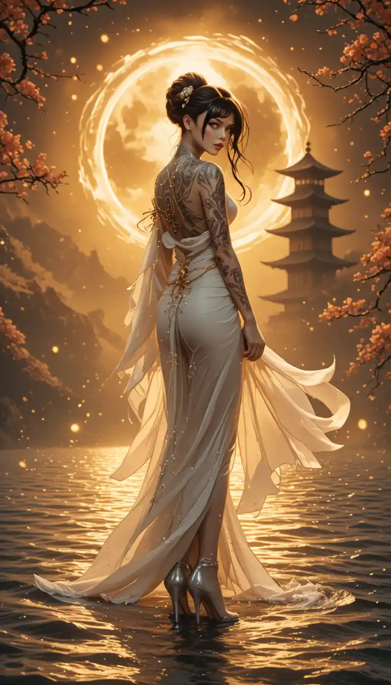 Tattooed geisha standing on rippling water in golden light