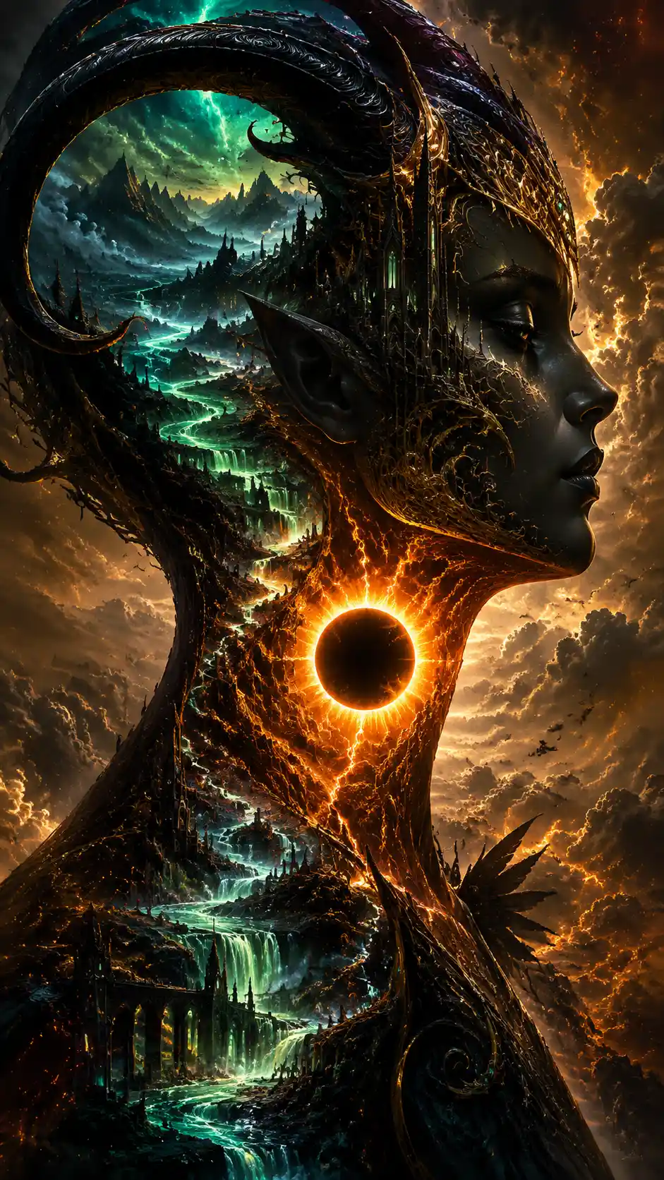 Surreal horned woman of obsidian with valley within