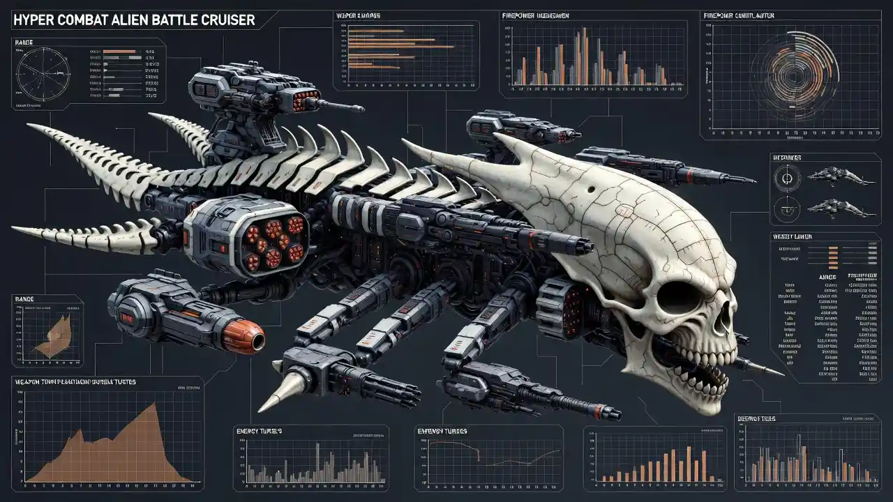 3D engineering cutaway of alien skull battle cruiser