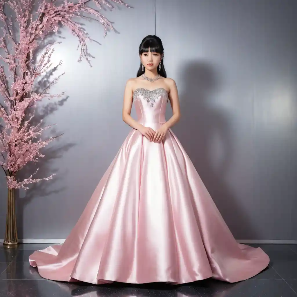 Young woman in pink satin gown in wedding hall