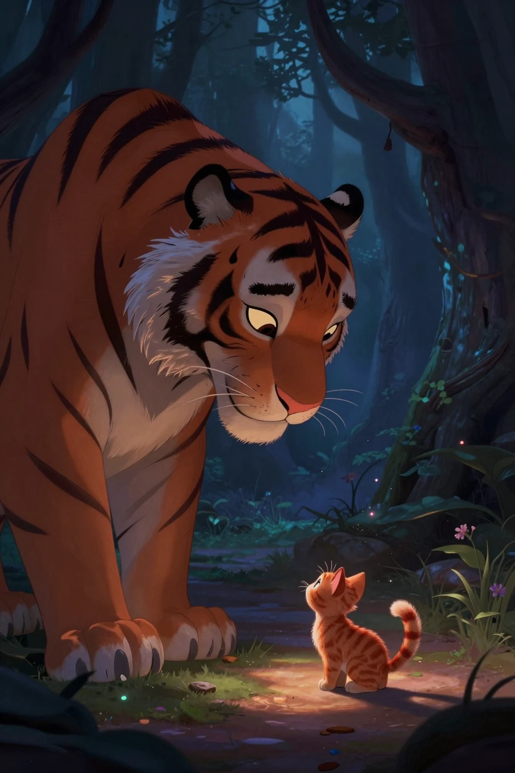 Tiger Watching A Brave Kitten In Enchanted Forest Clearing