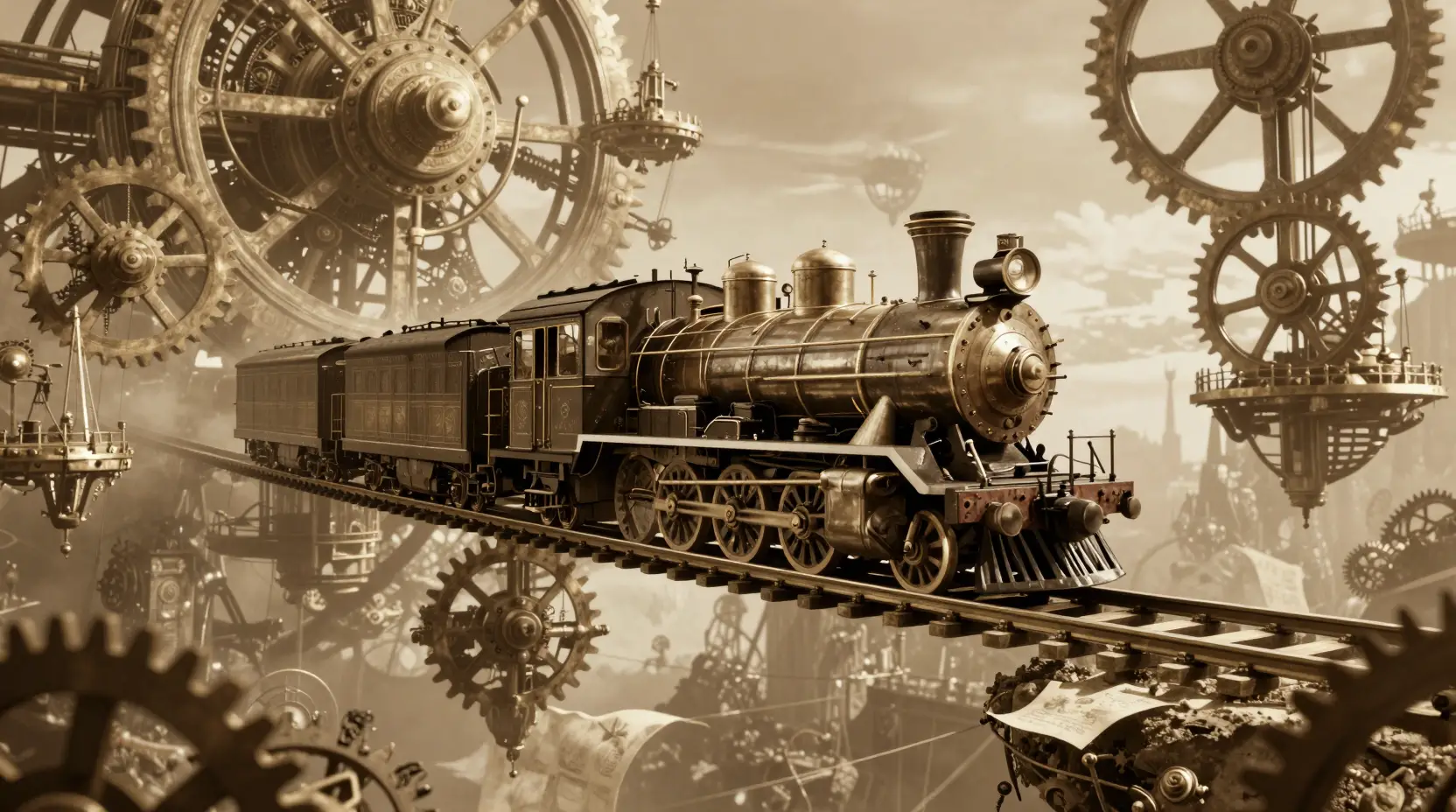 Steampunk Train Crossing Floating Islands In Clockwork Sky