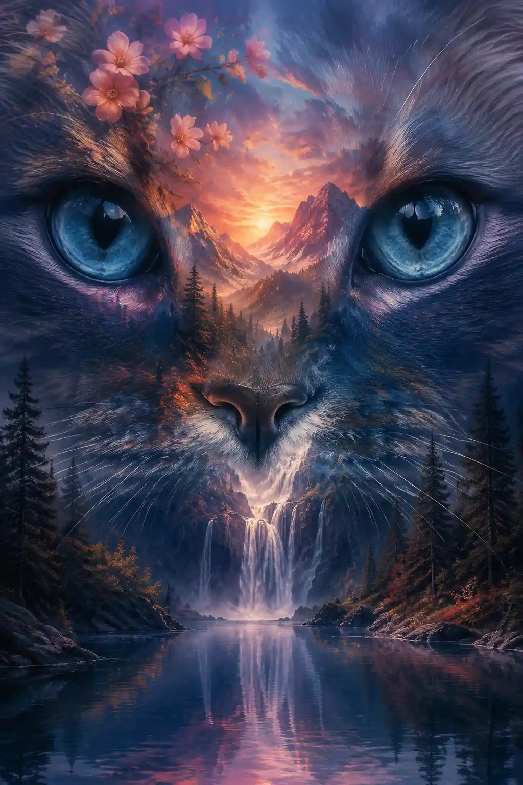 Double exposure cat portrait with mountain sunset scene