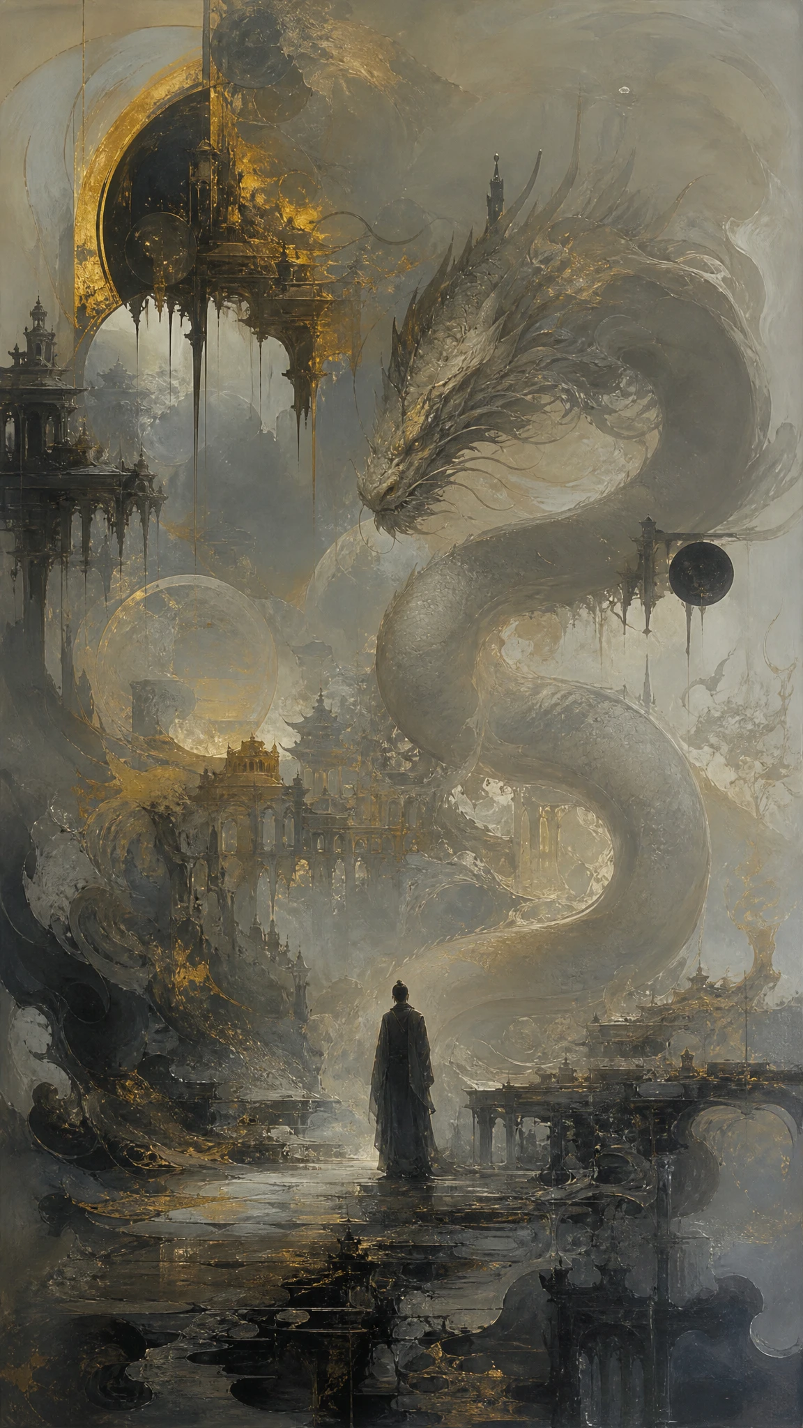 Human figure facing a colossal dragon in shifting dreamscape