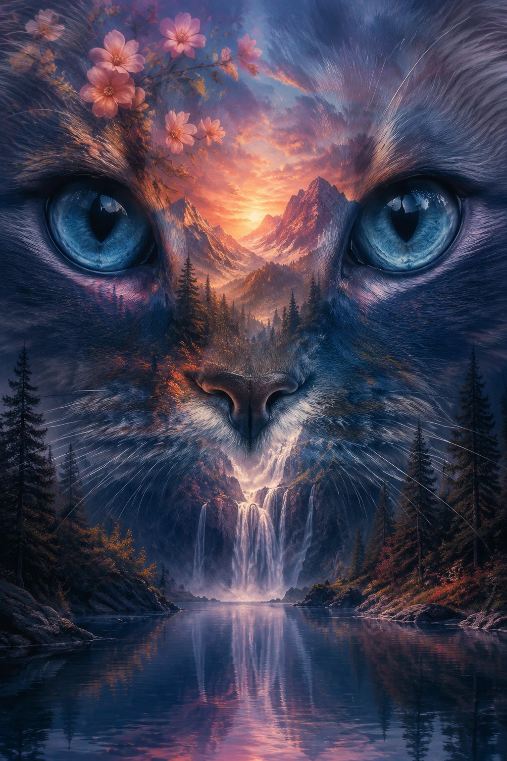 Double exposure cat portrait with mountain sunset scene