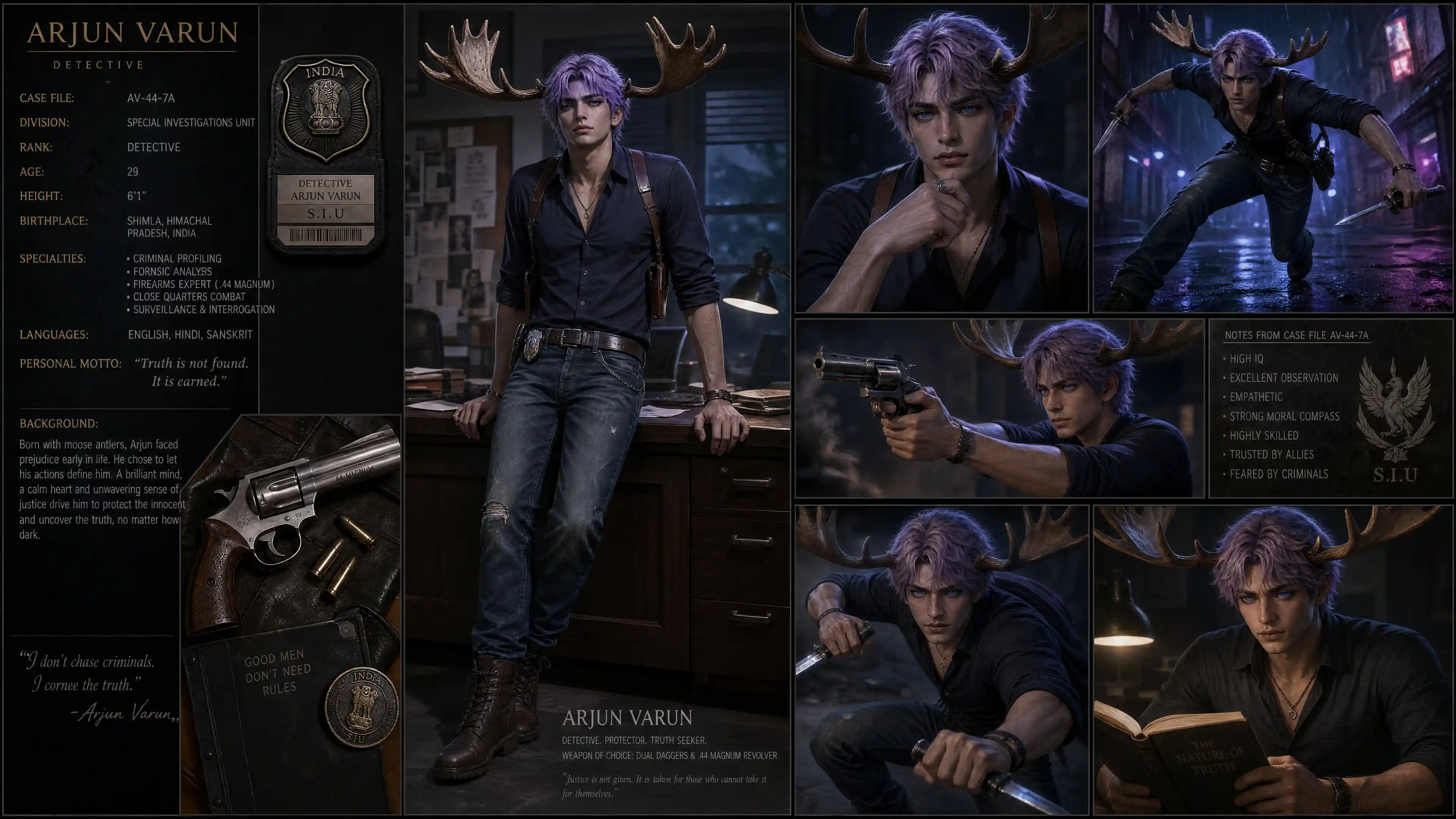 Indian detective with moose antlers and glowing lapis eyes