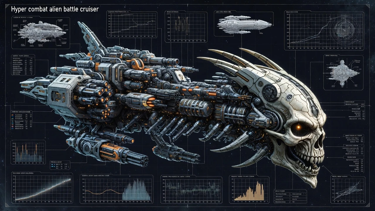 3d engineering diagram of an alien skull battle cruiser
