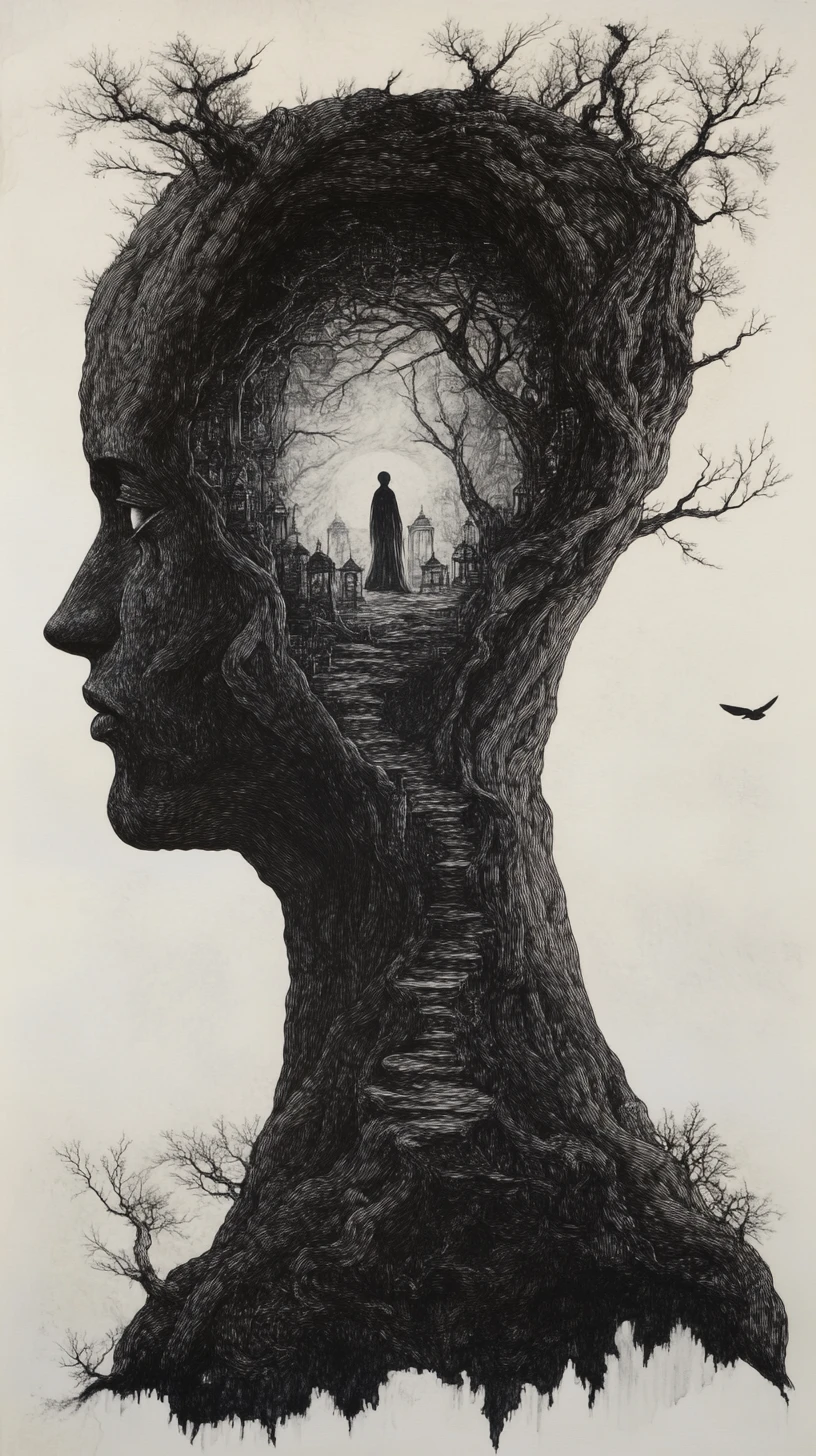 Massive tree silhouette forming a human face profile