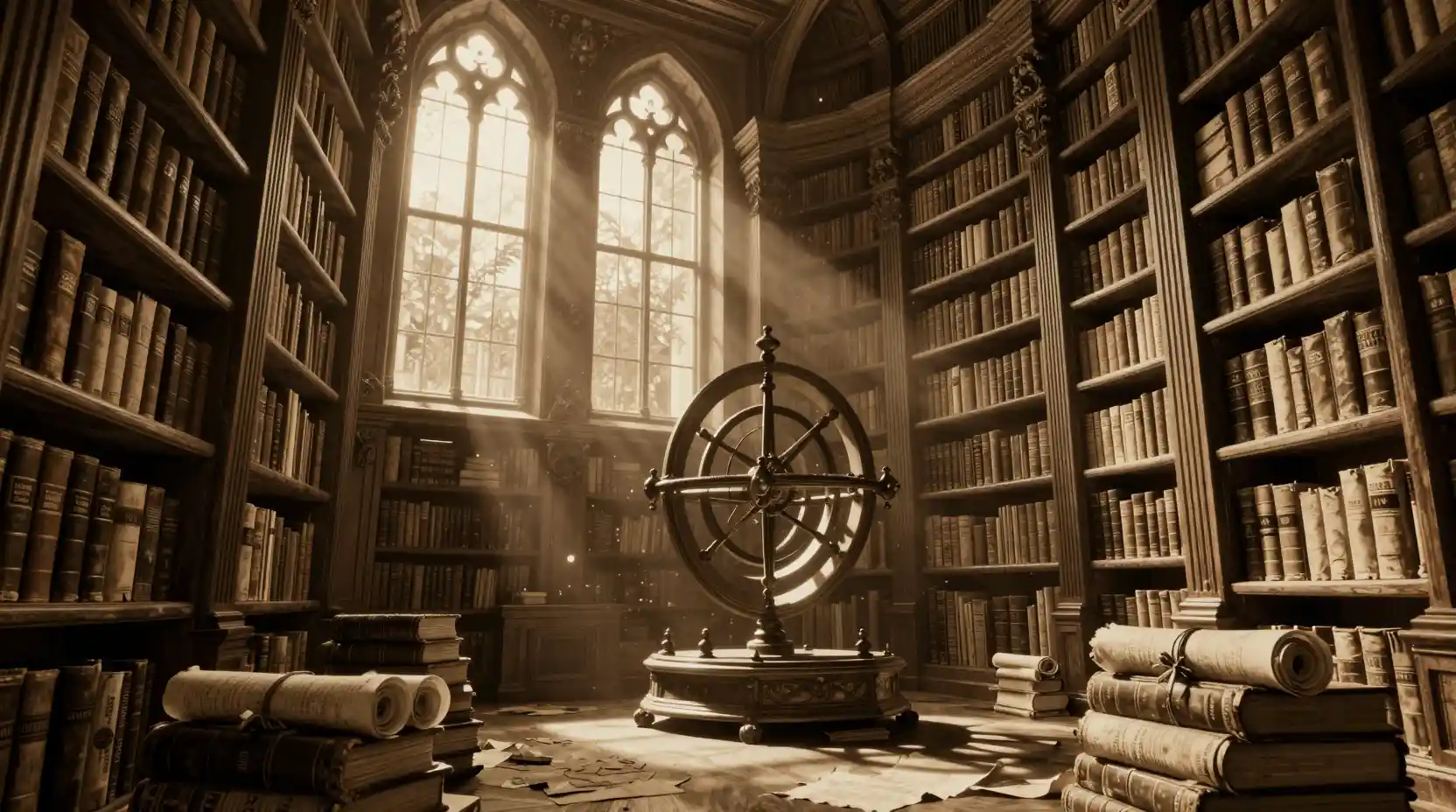Endless ancient library in warm sepia light