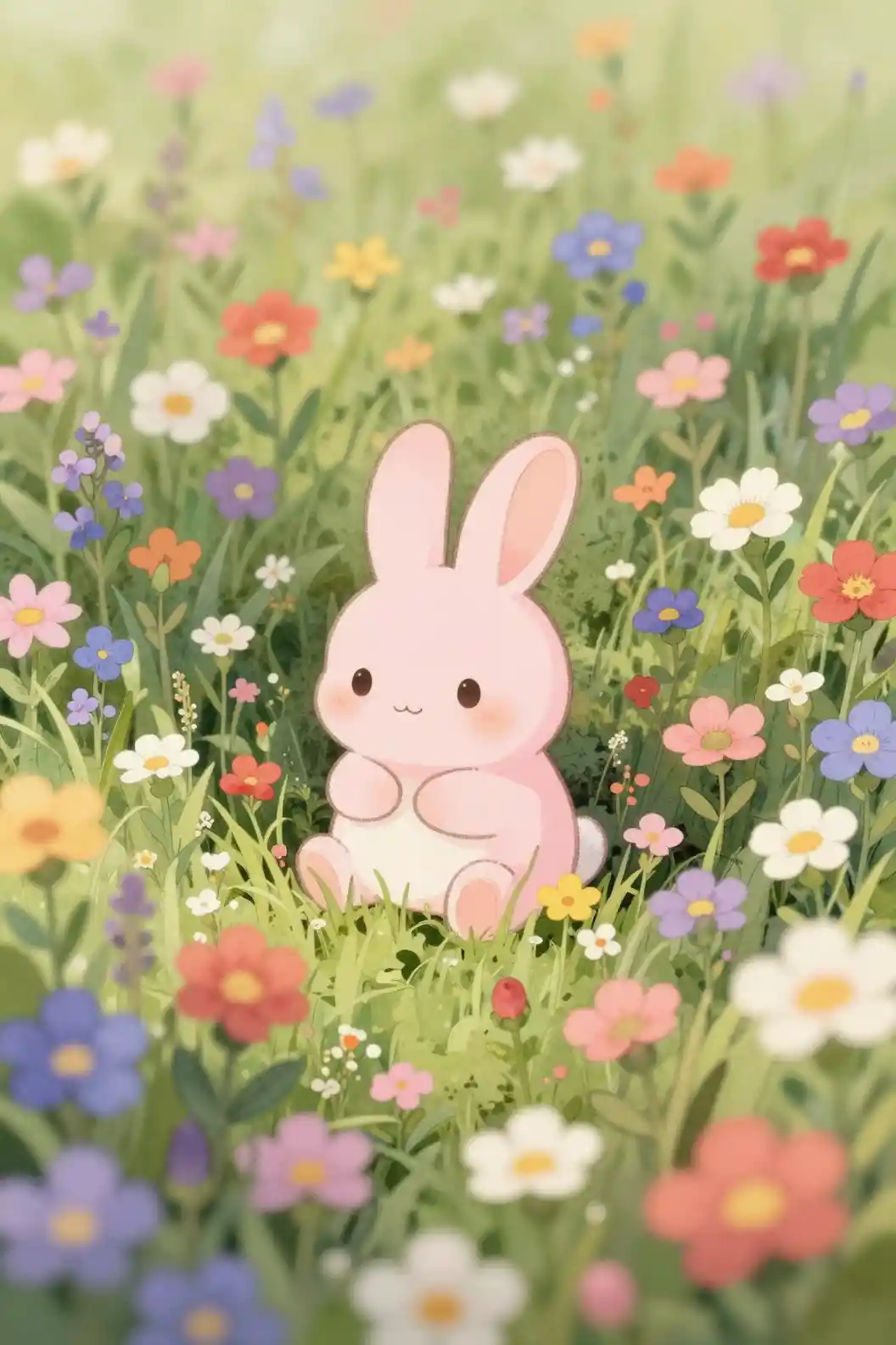 Cute pink baby rabbit among dense watercolor wildflowers