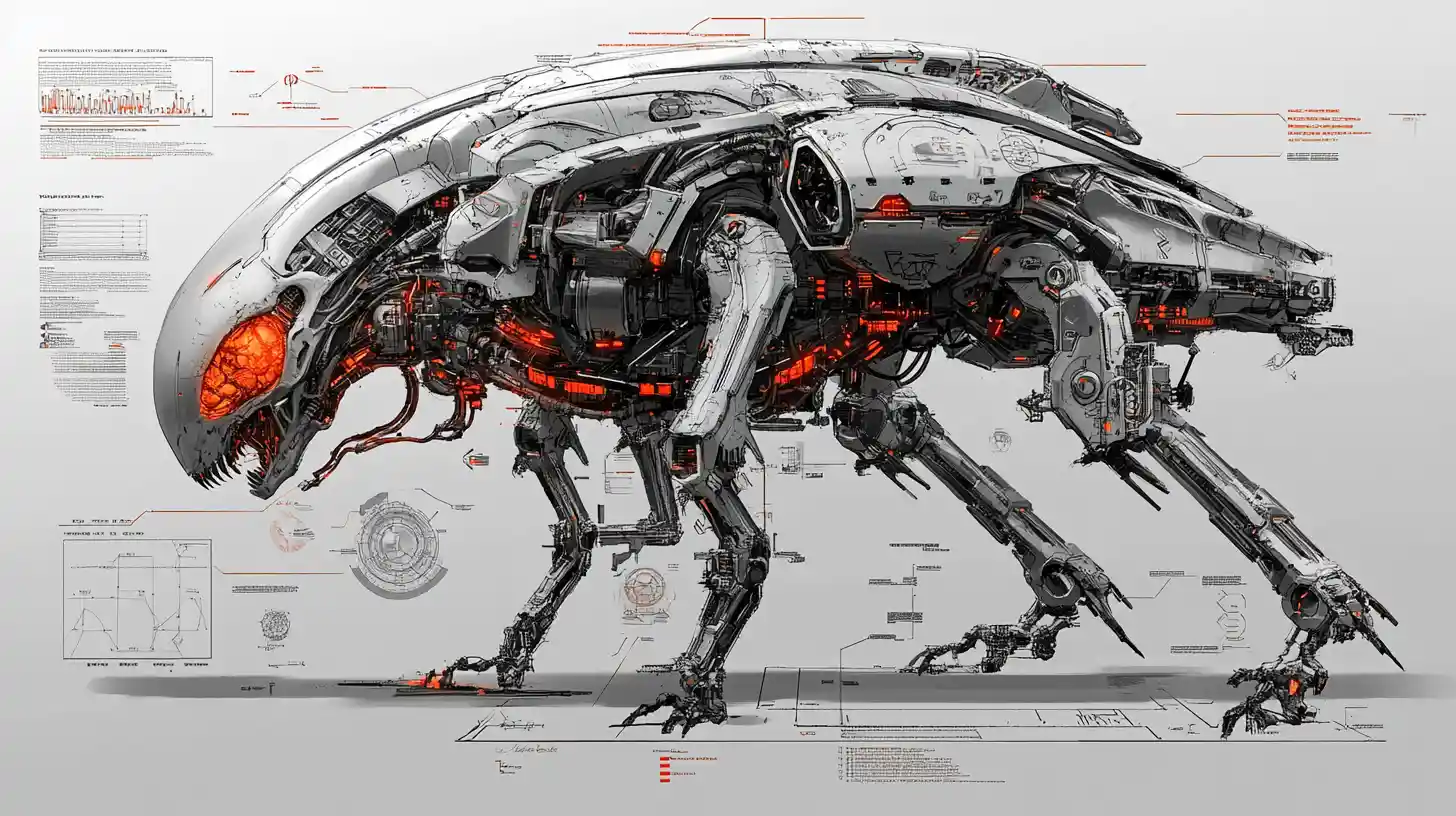 3D engineering cutaway of an alien skull mecha walker