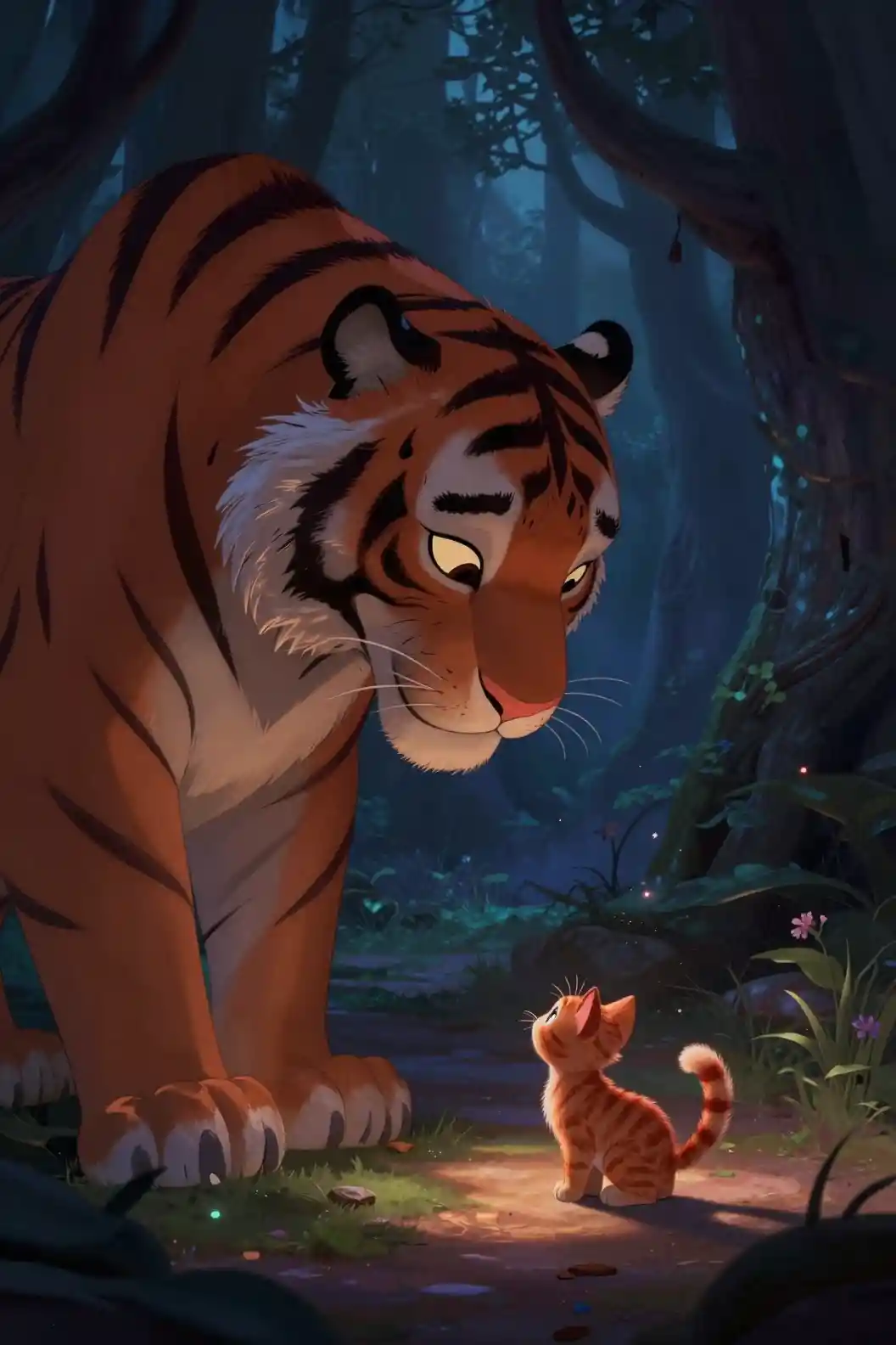Tiger Watching A Brave Kitten In Enchanted Forest Clearing