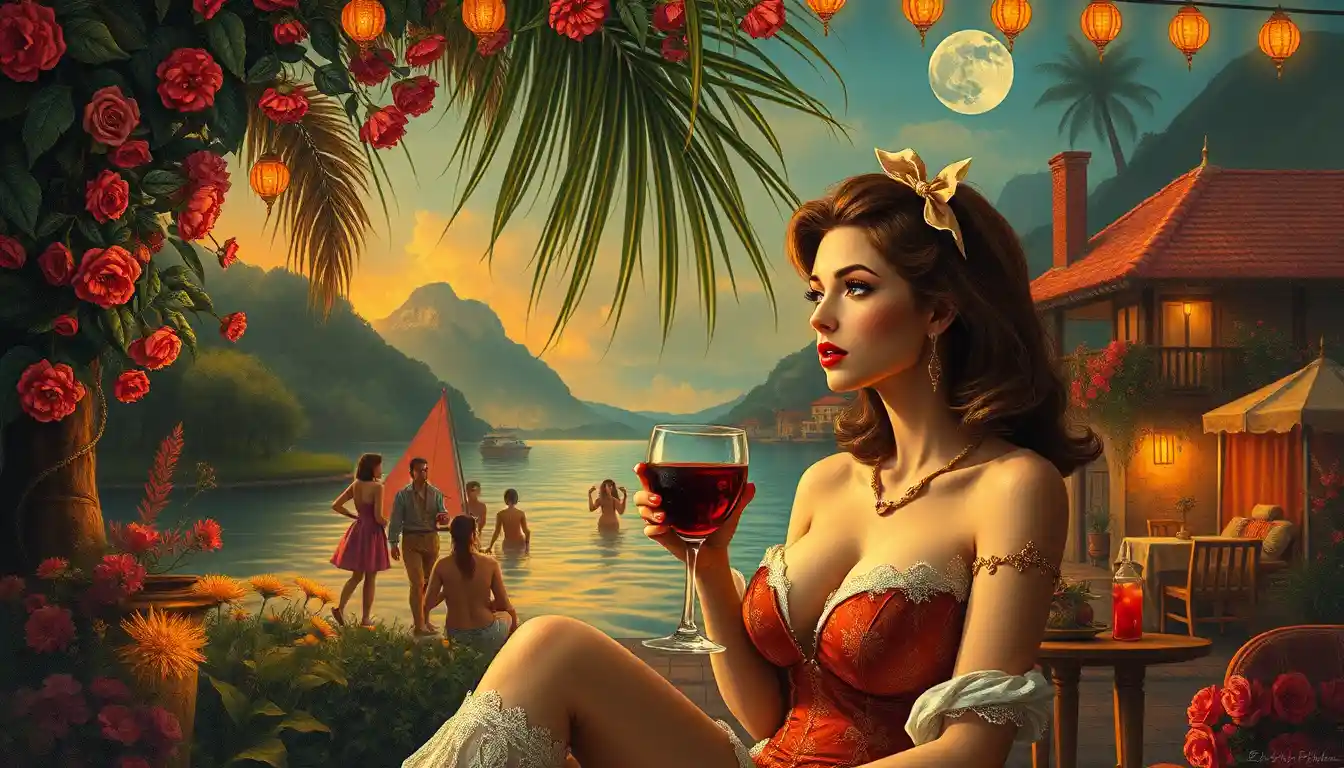Sensual woman in a master style painting by the seaside