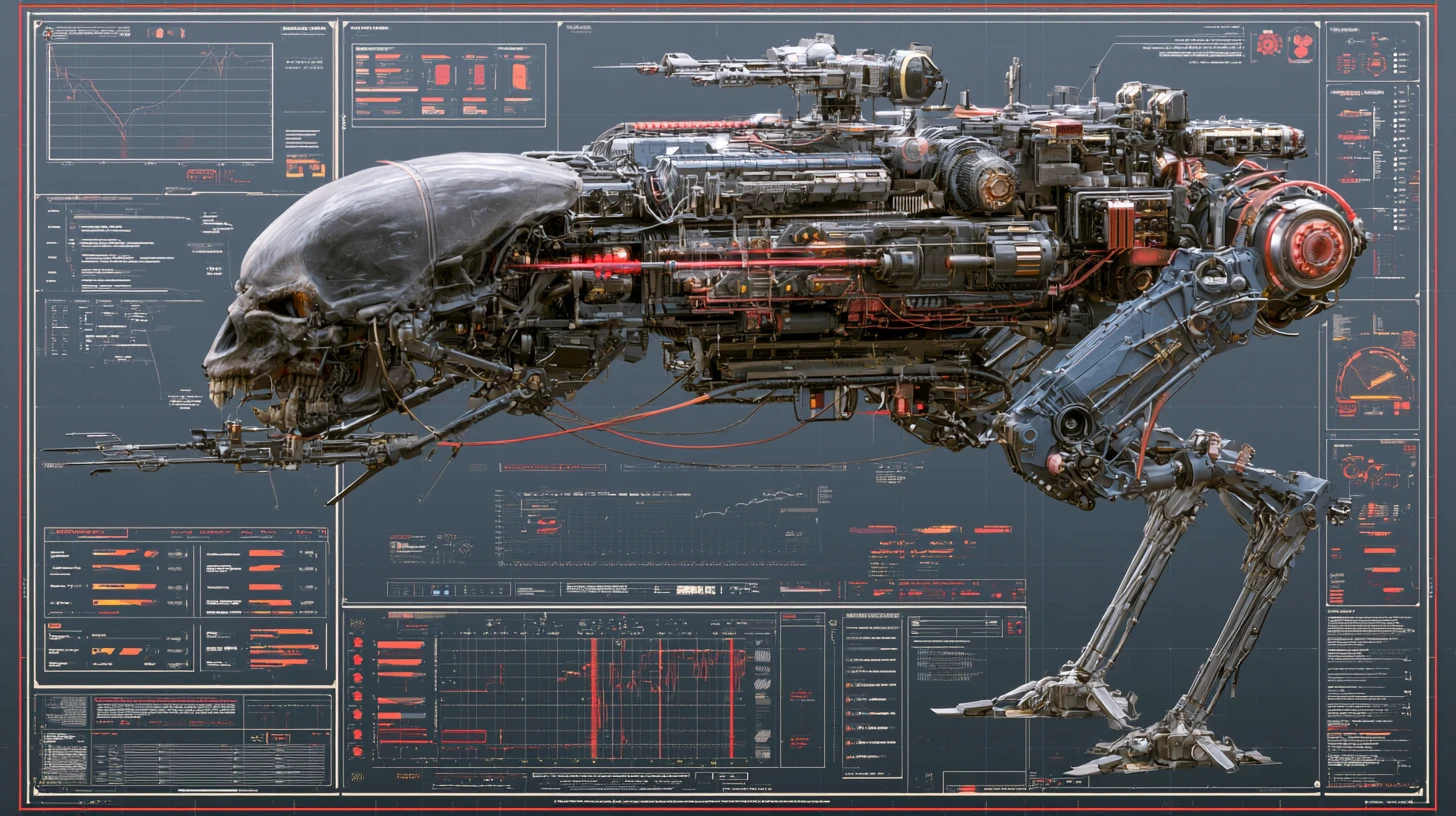 3D engineering cutaway of hyper combat alien walker design