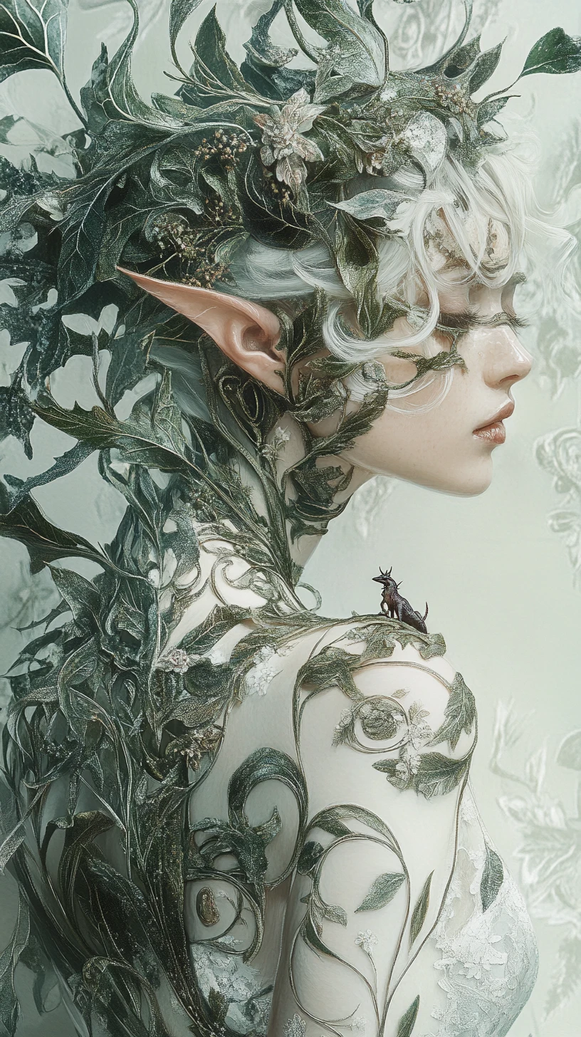 Maga botanica fantasy adornata con abiti di piante viventi