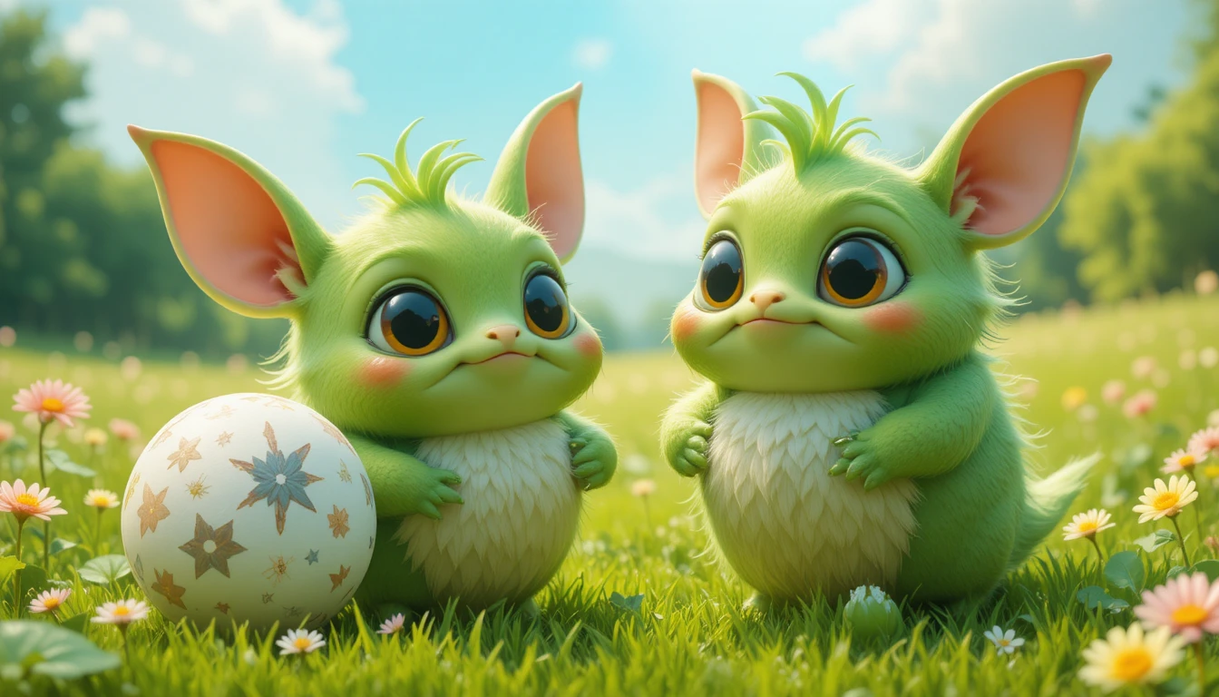 Cute green fantasy creatures in a sunny meadow with egg