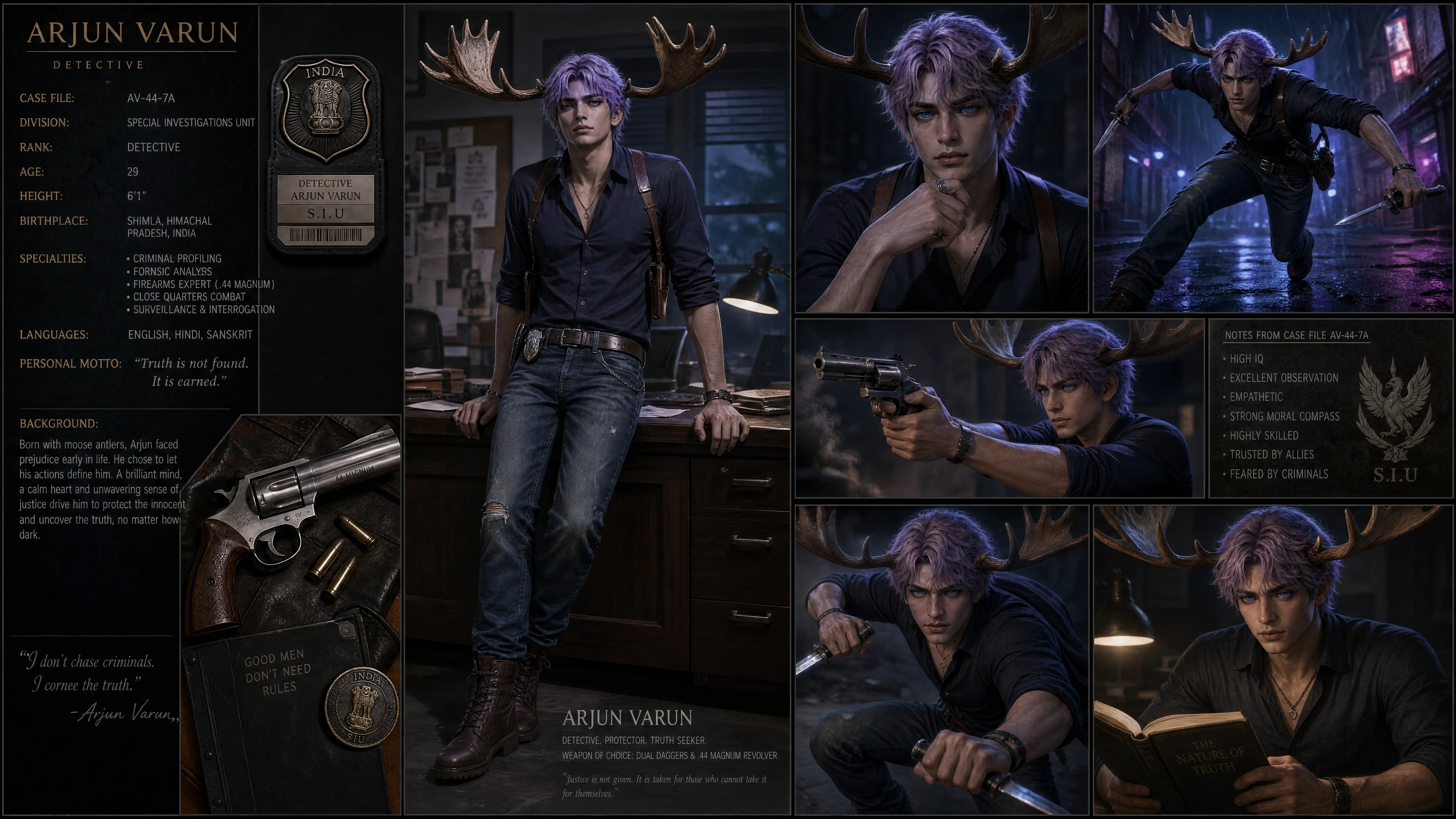 Indian detective with moose antlers and glowing lapis eyes