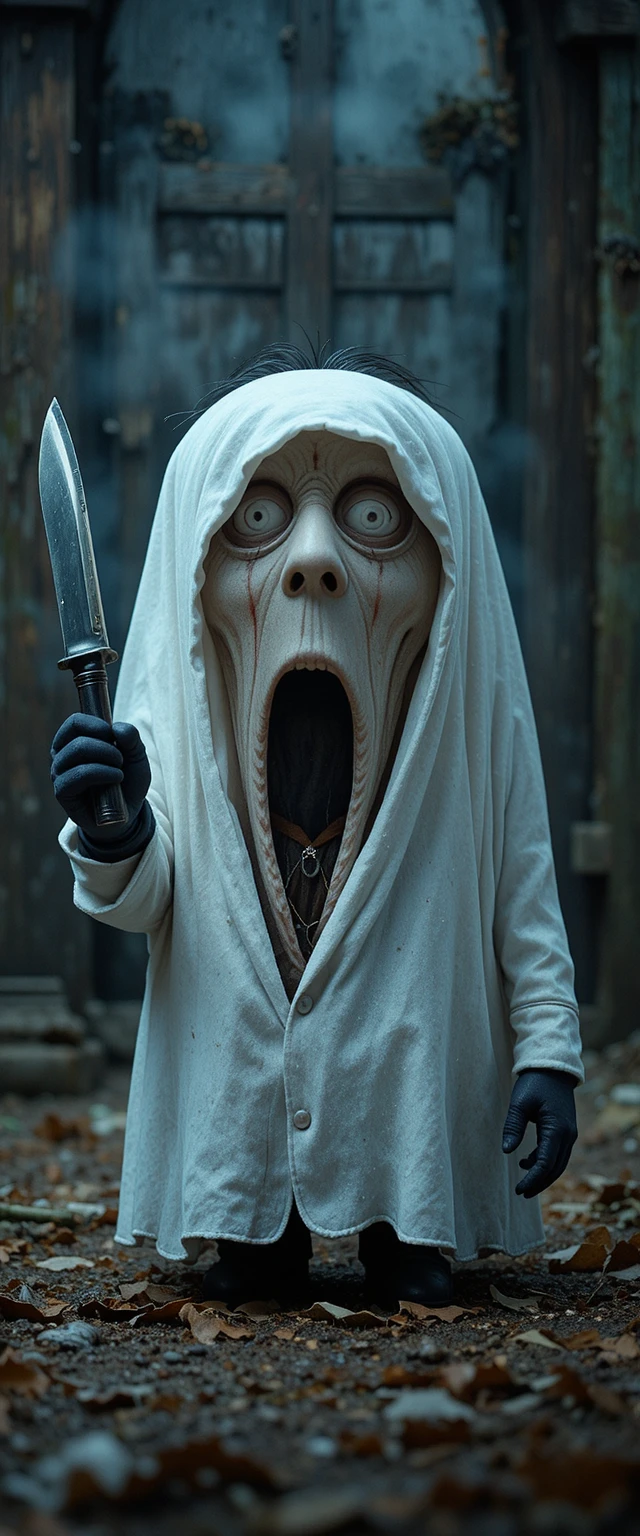 Cartoon minion dressed as ghostly killer holding a knife