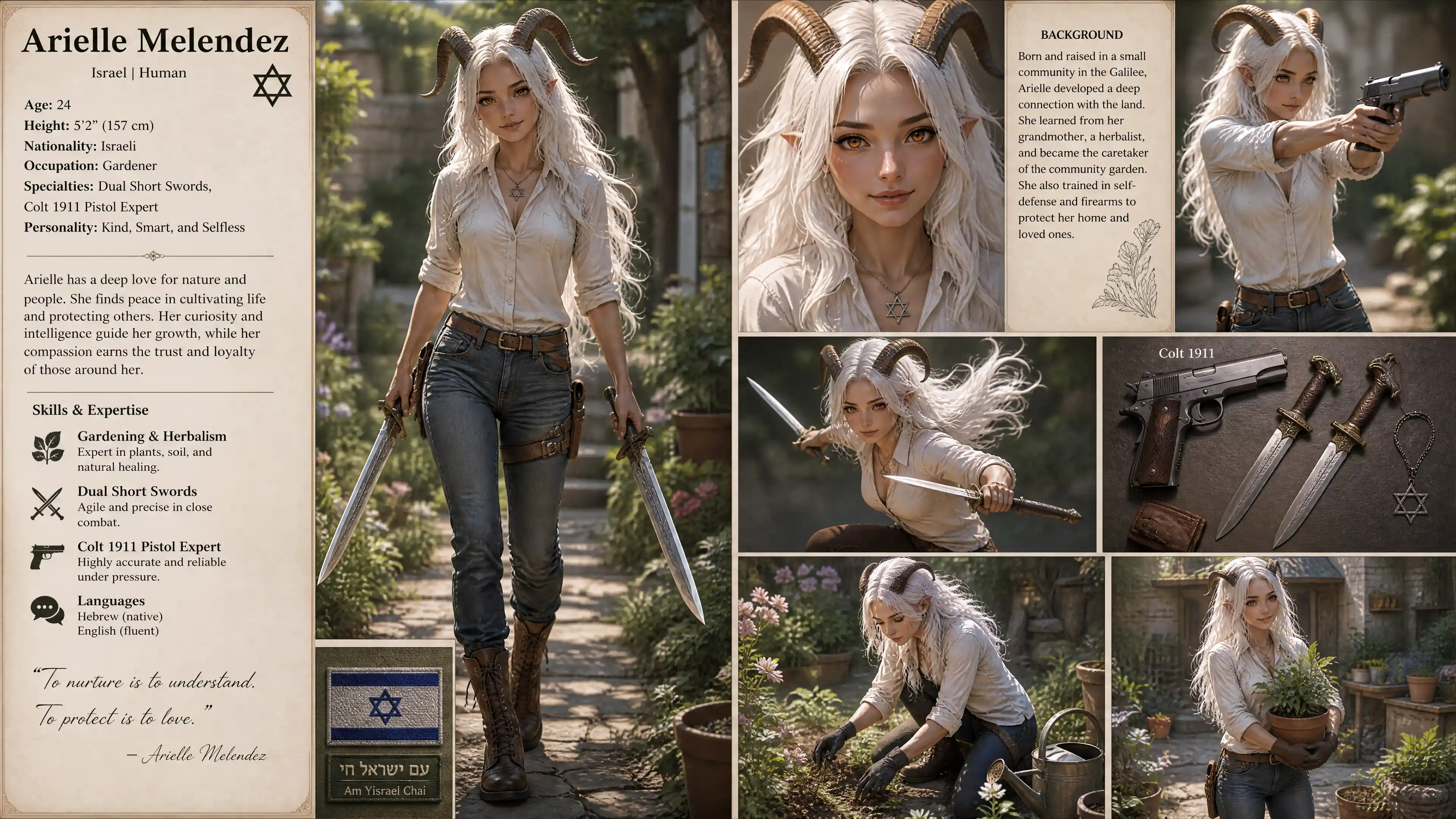 Fantasy woman with goat horns and long white hair