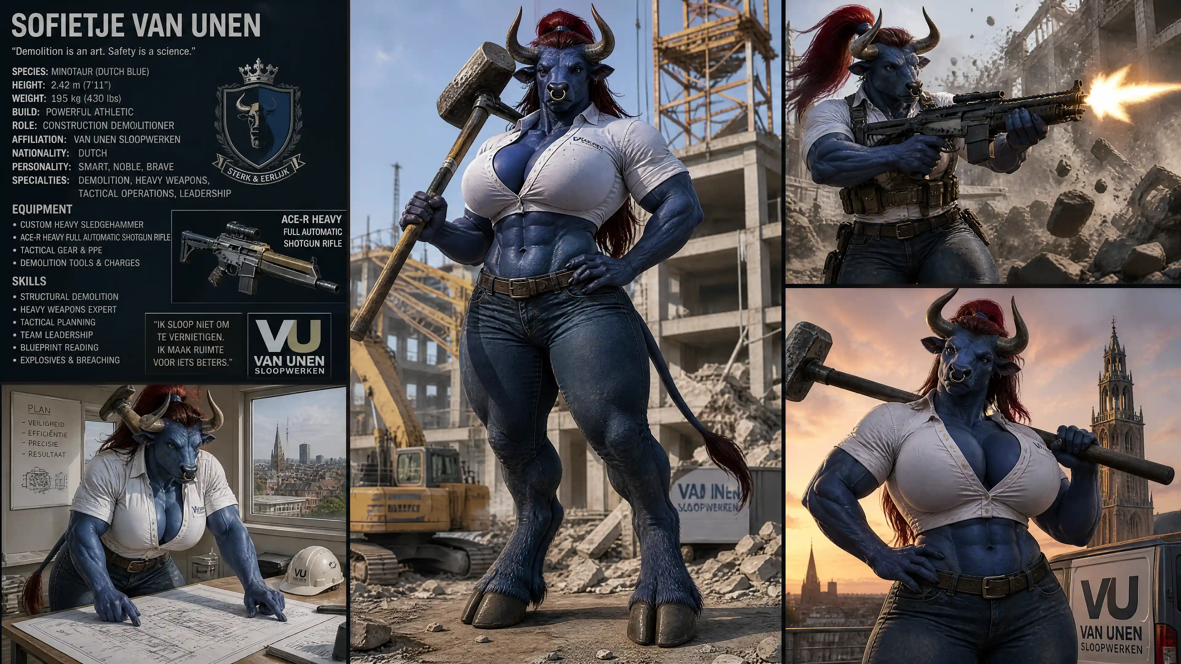 Tall blue fur minotaur woman in casual clothes with weapons