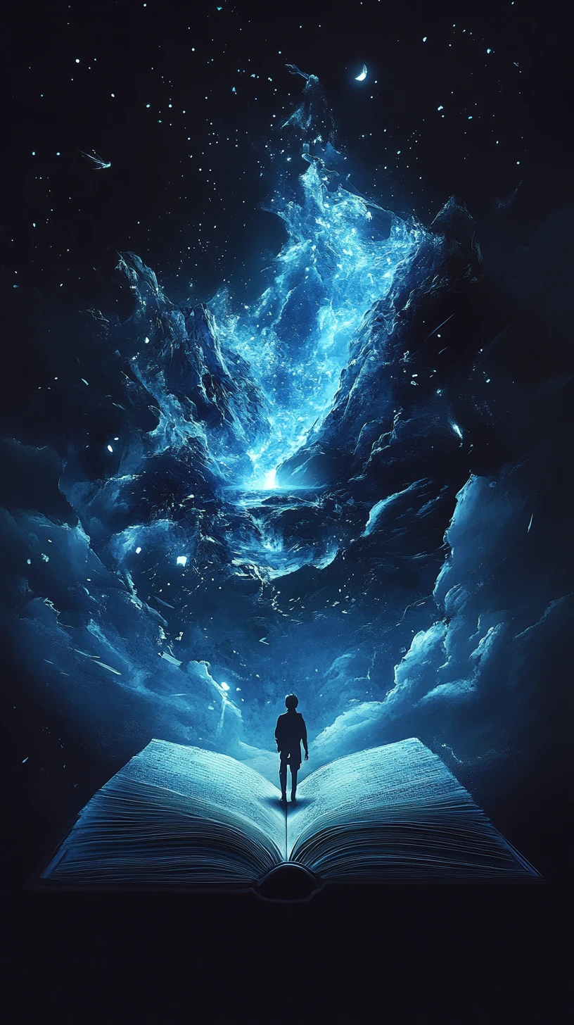 Open book revealing a surreal fantasy world in darkness