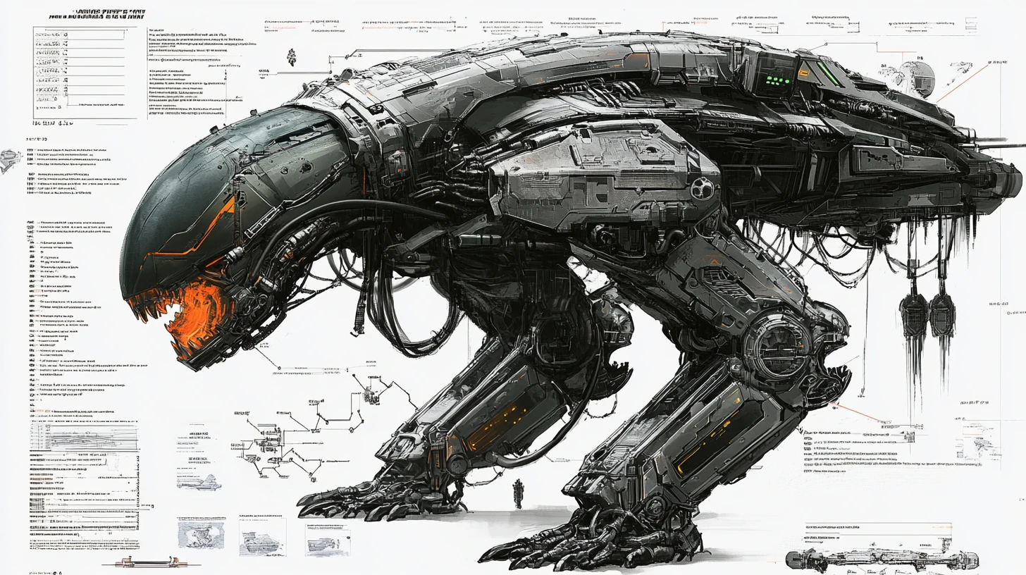 3D engineering diagram of a hyper combat alien mech