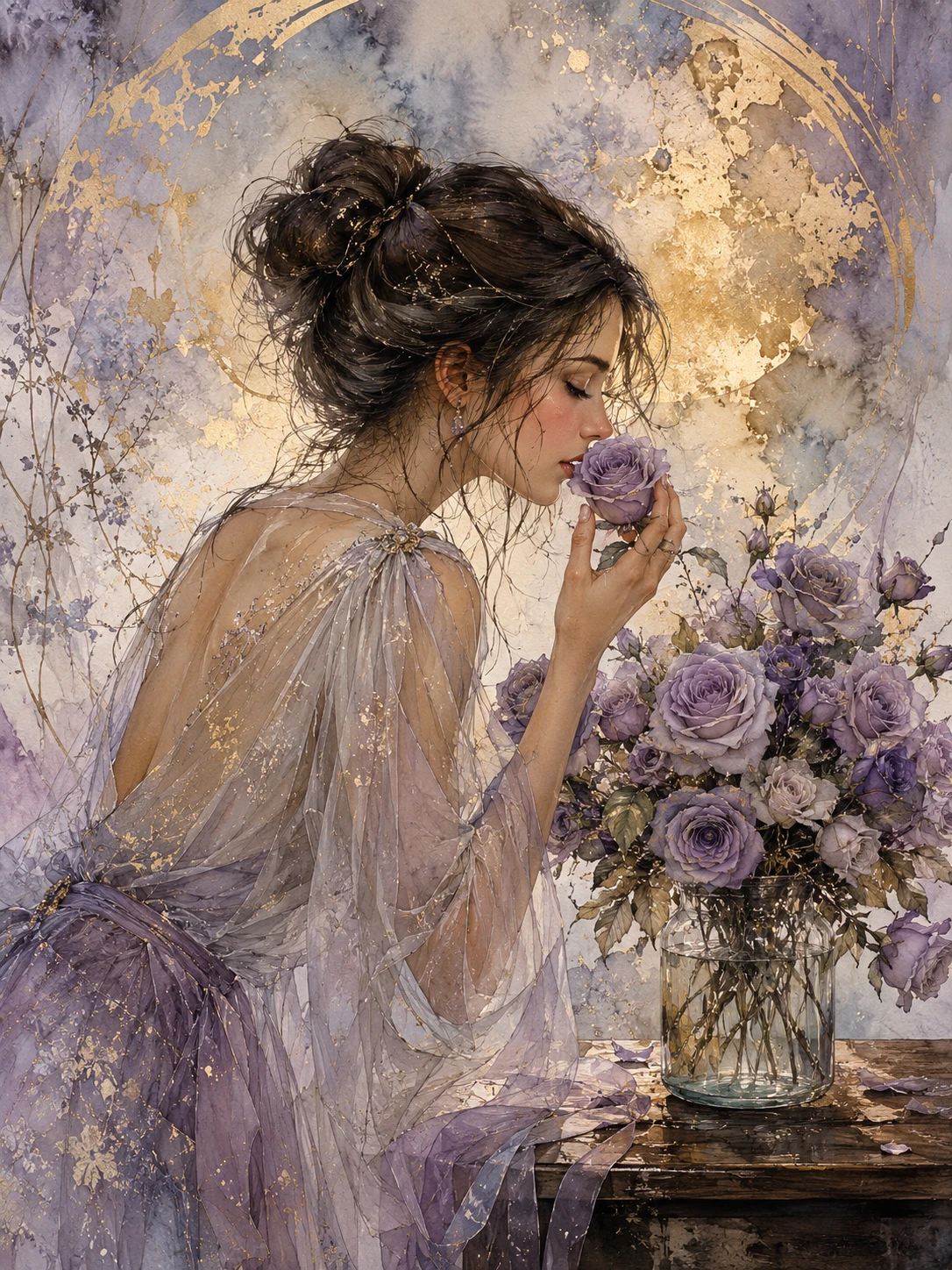 Young woman smelling violet roses in watercolor scene