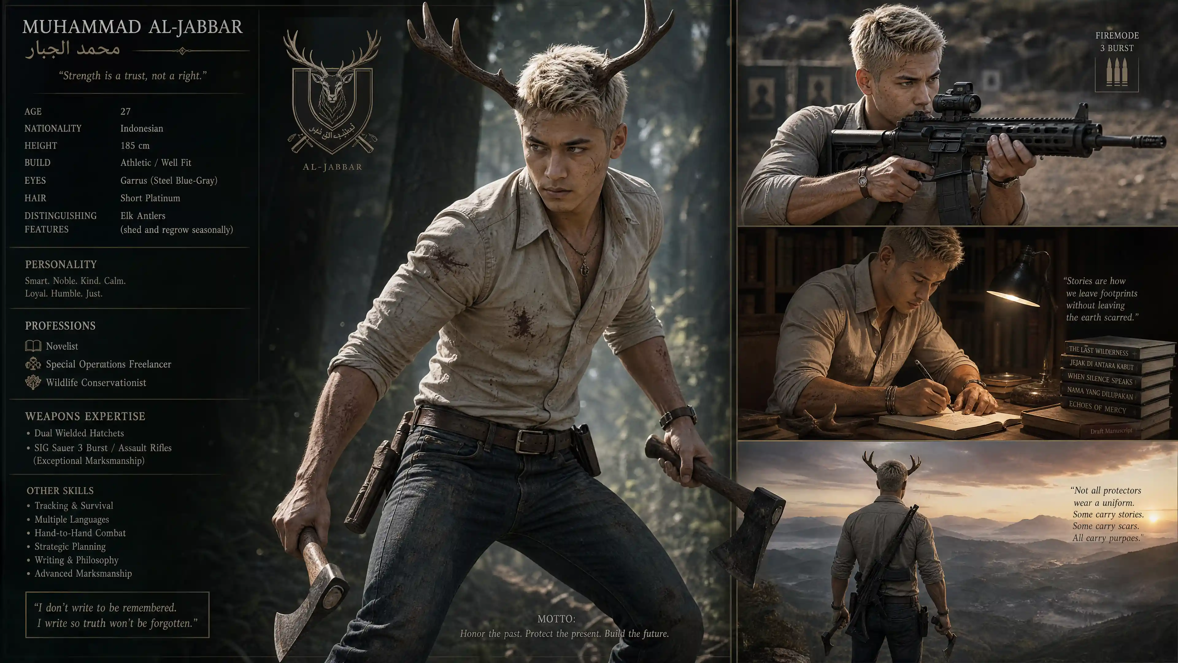 Fantasy man with elk antlers and short platinum hair