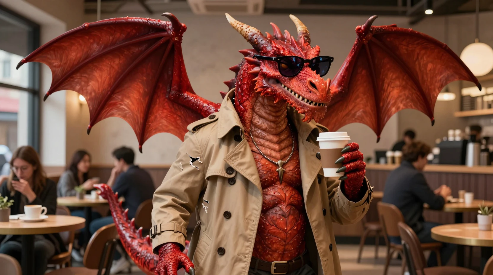 Red dragon in disguise at a busy modern coffee shop