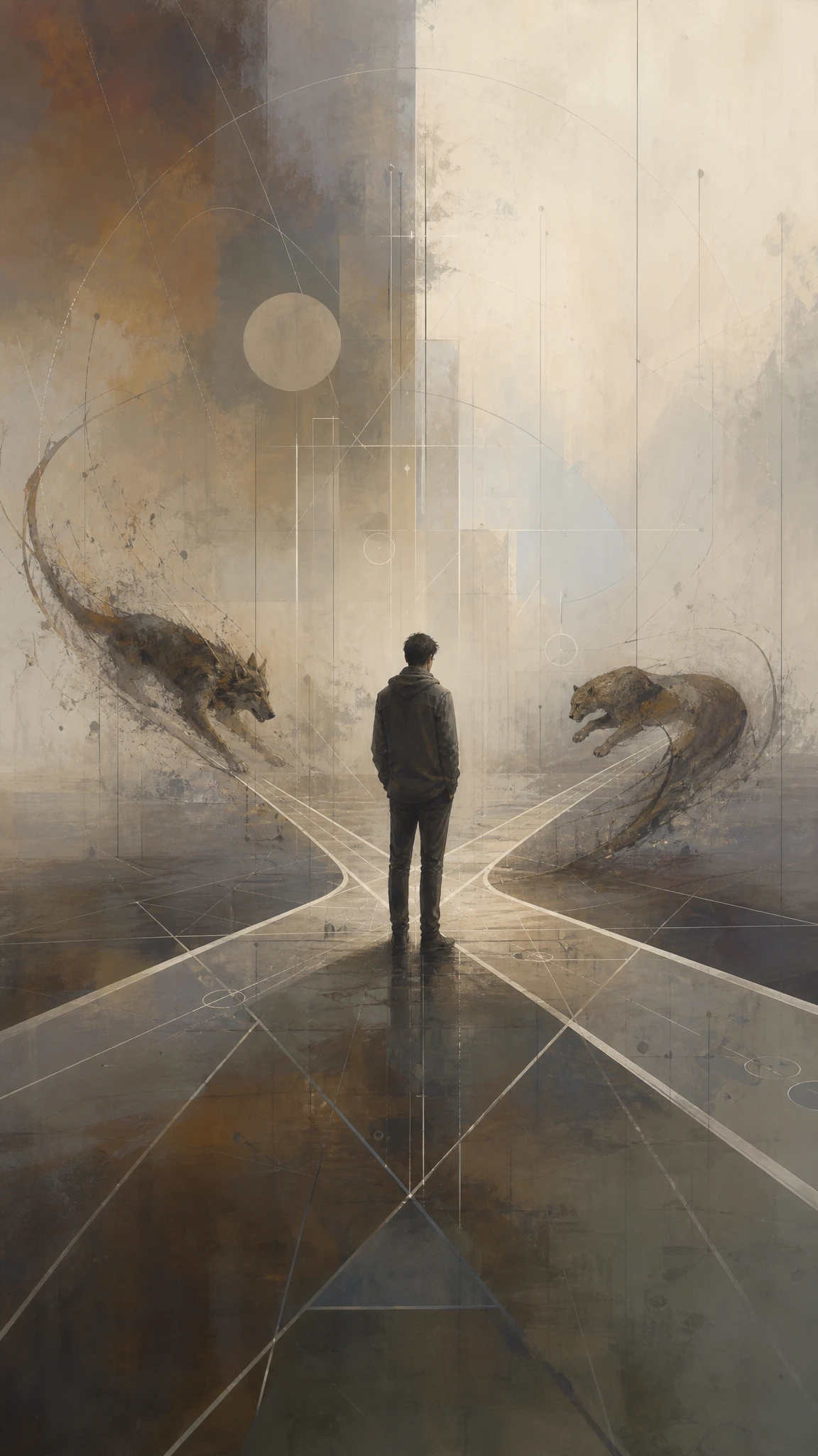 Human figure amid abstract paths of logic and instinct