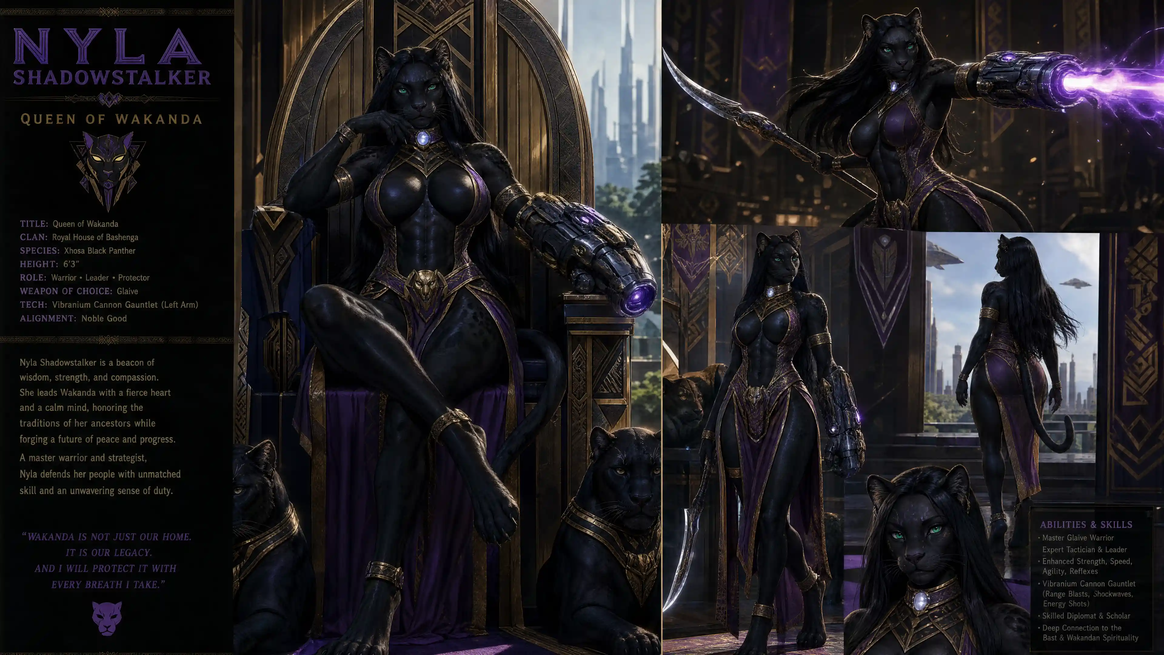 Regal panther queen warrior with emerald eyes and glaive