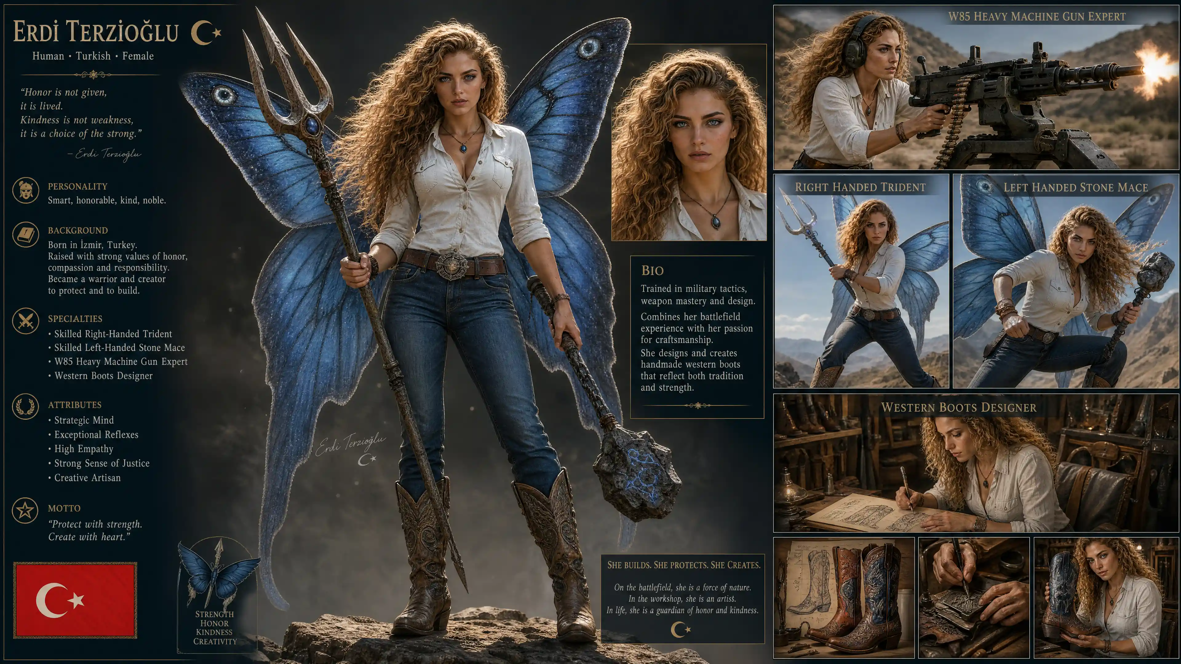 Noble winged woman with trident and mace in casual clothes