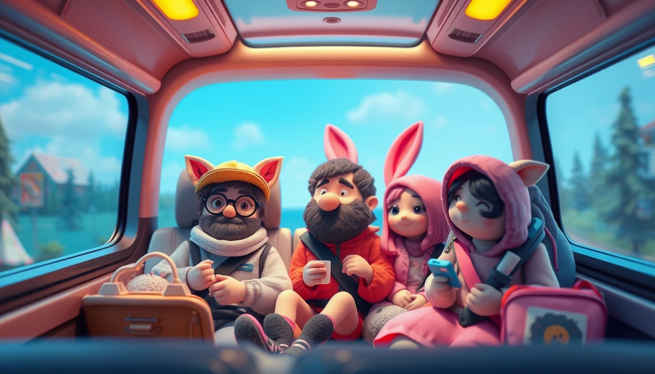 Funny clay forest folk riding a summer vacation bus