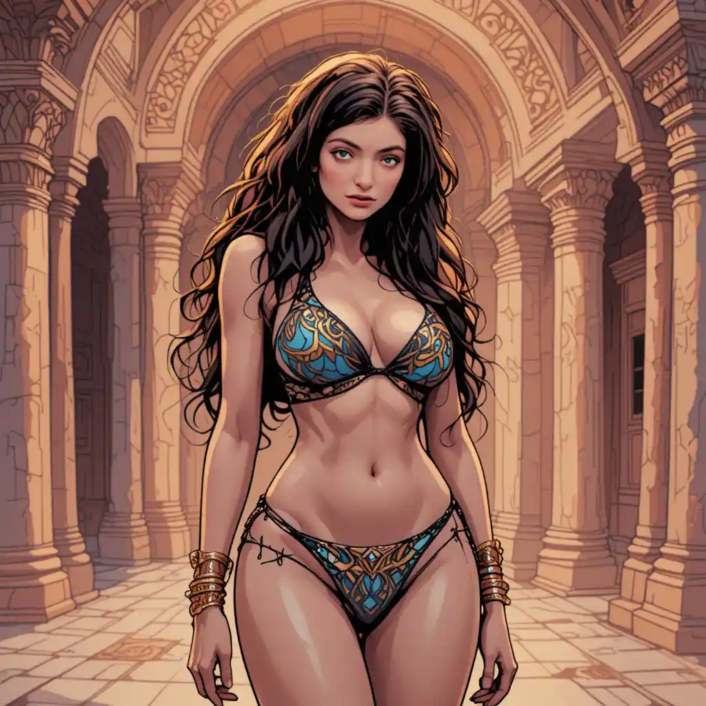 Curvy harem woman in micro bikini at arabian palace