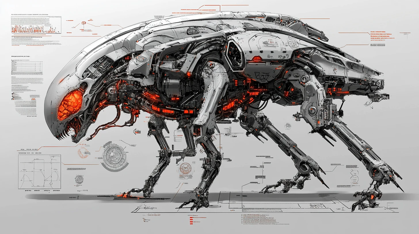 3D engineering cutaway of an alien skull mecha walker