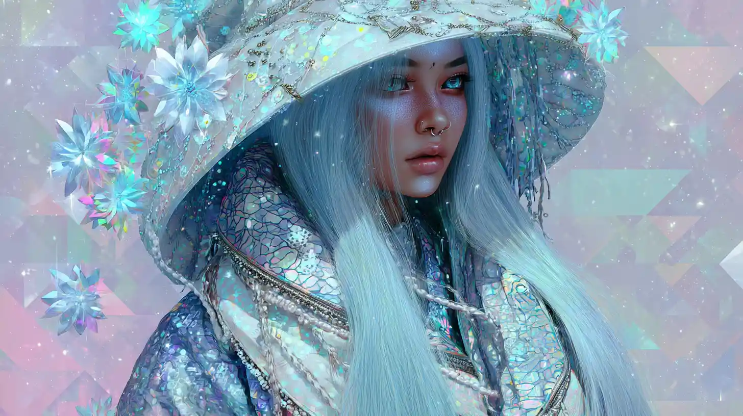 Mystical fairy in celestial hat and luxurious streetwear