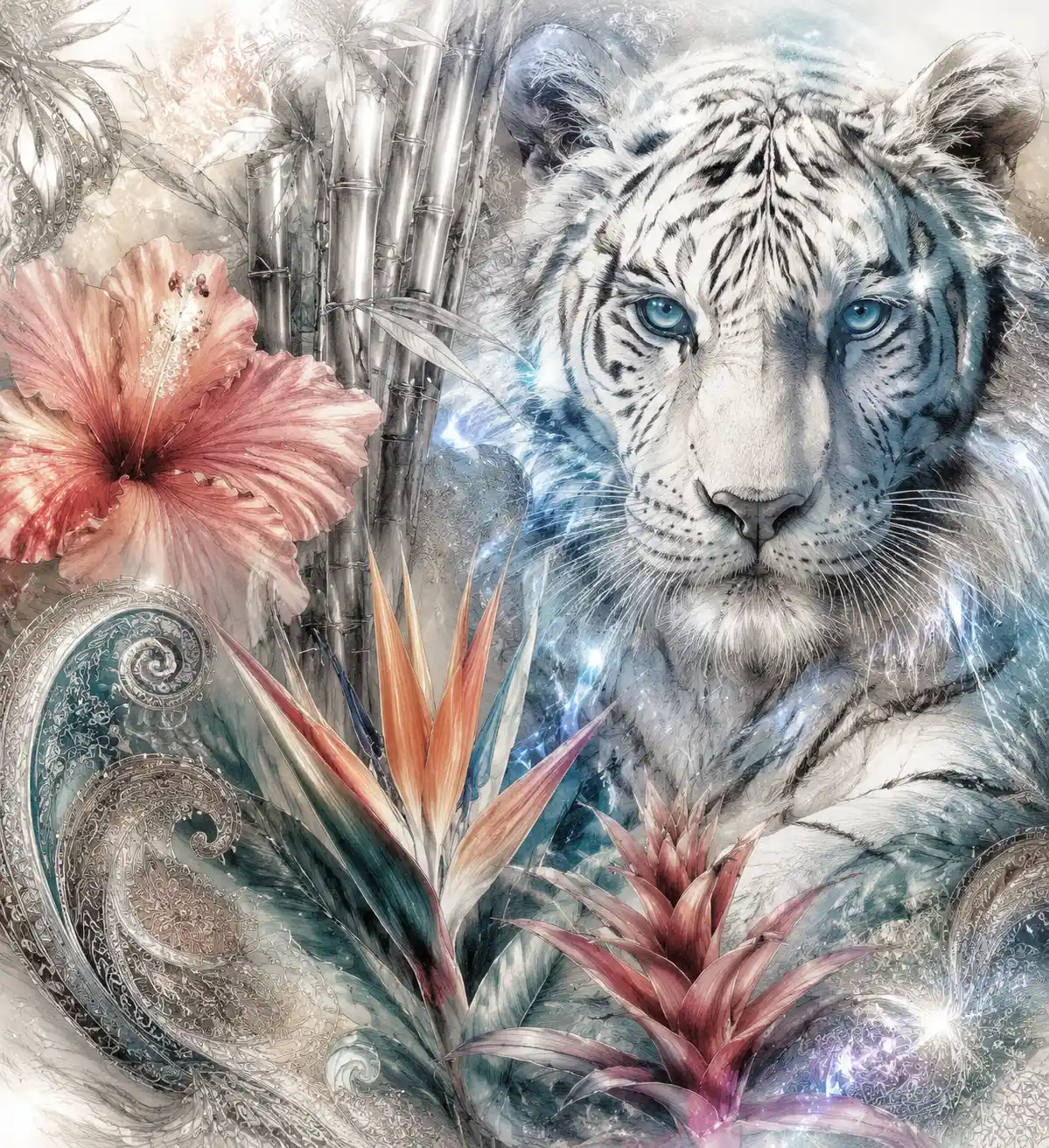 Close up white tiger with glowing metallic accents