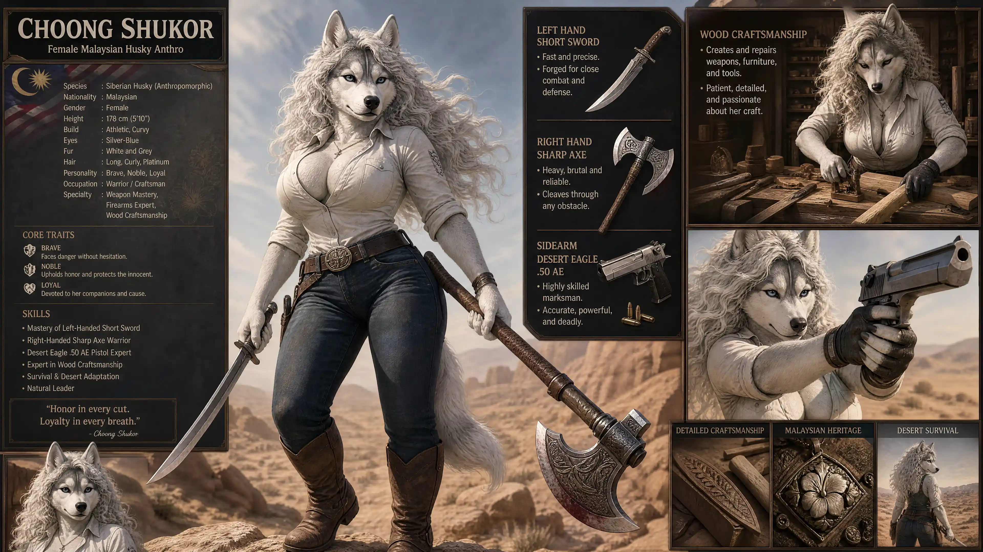 Brave anthropomorphic husky warrior woman with weapons
