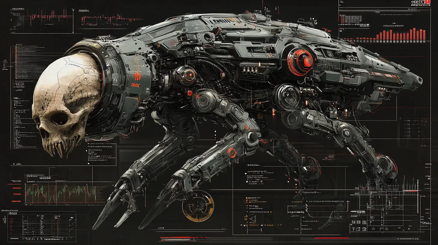 Alien skull walker engineering diagram with weapon systems