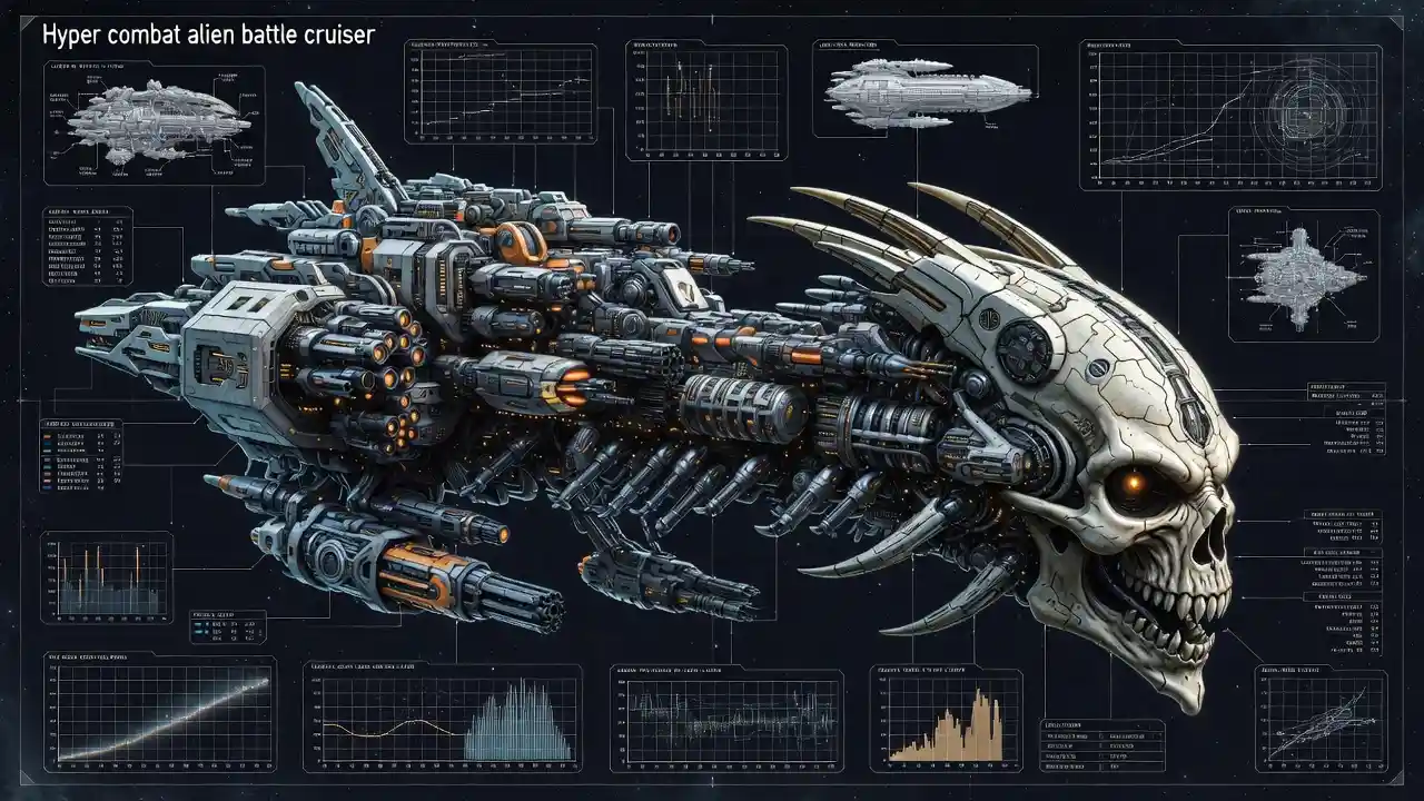 3d engineering diagram of an alien skull battle cruiser
