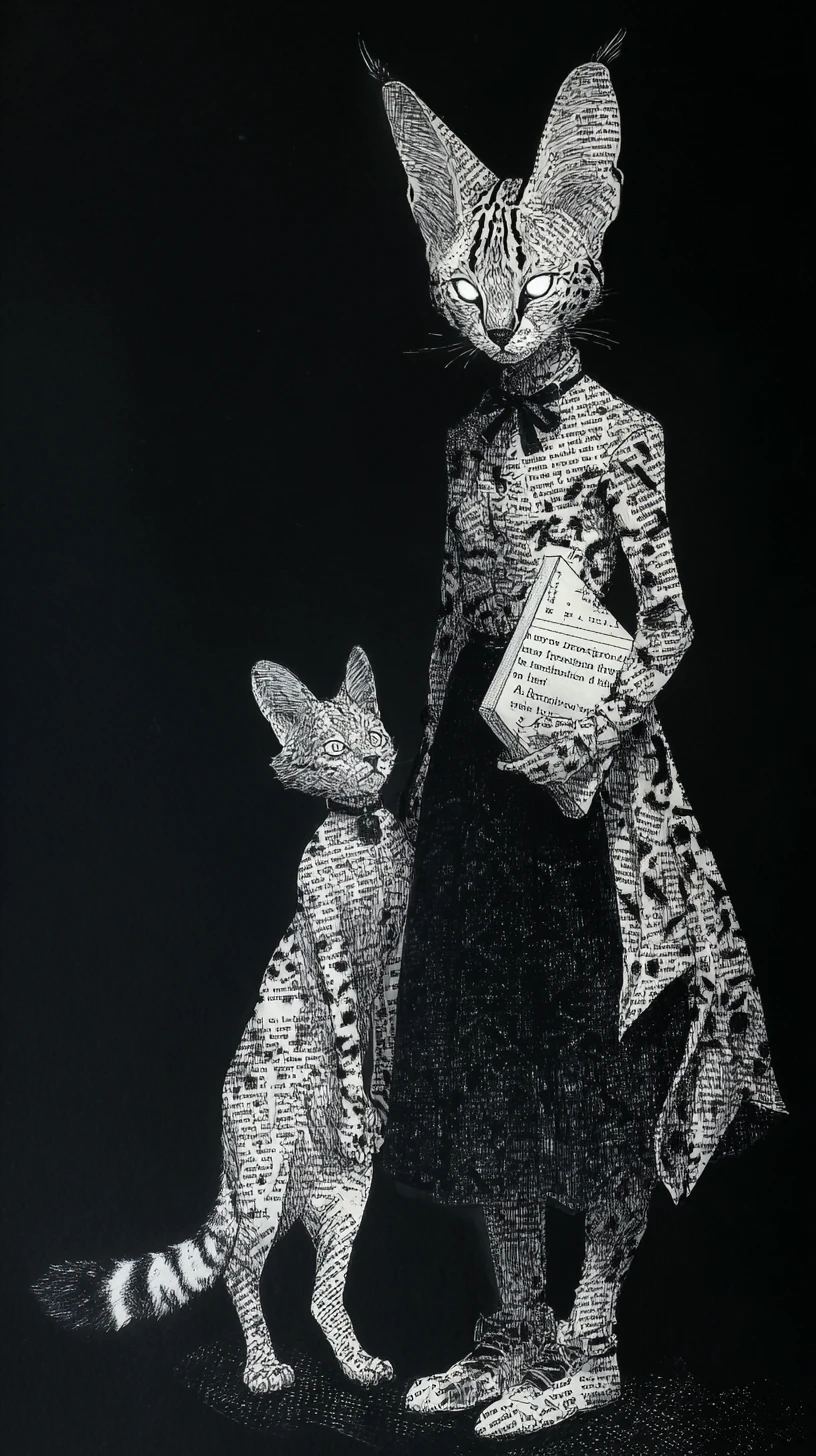 Serval cat of ink and pages emerging from darkness