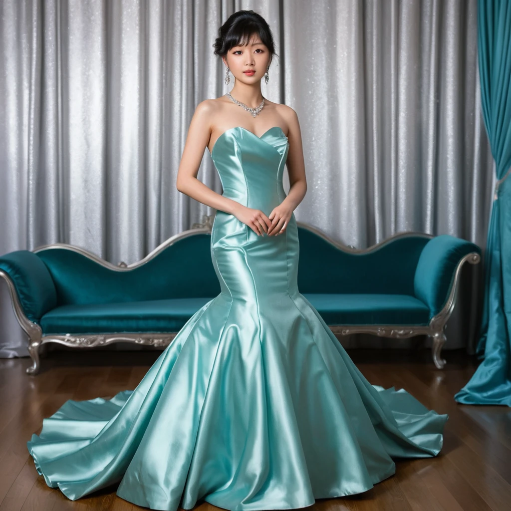 Elegant woman in shiny satin mermaid ballgown indoors