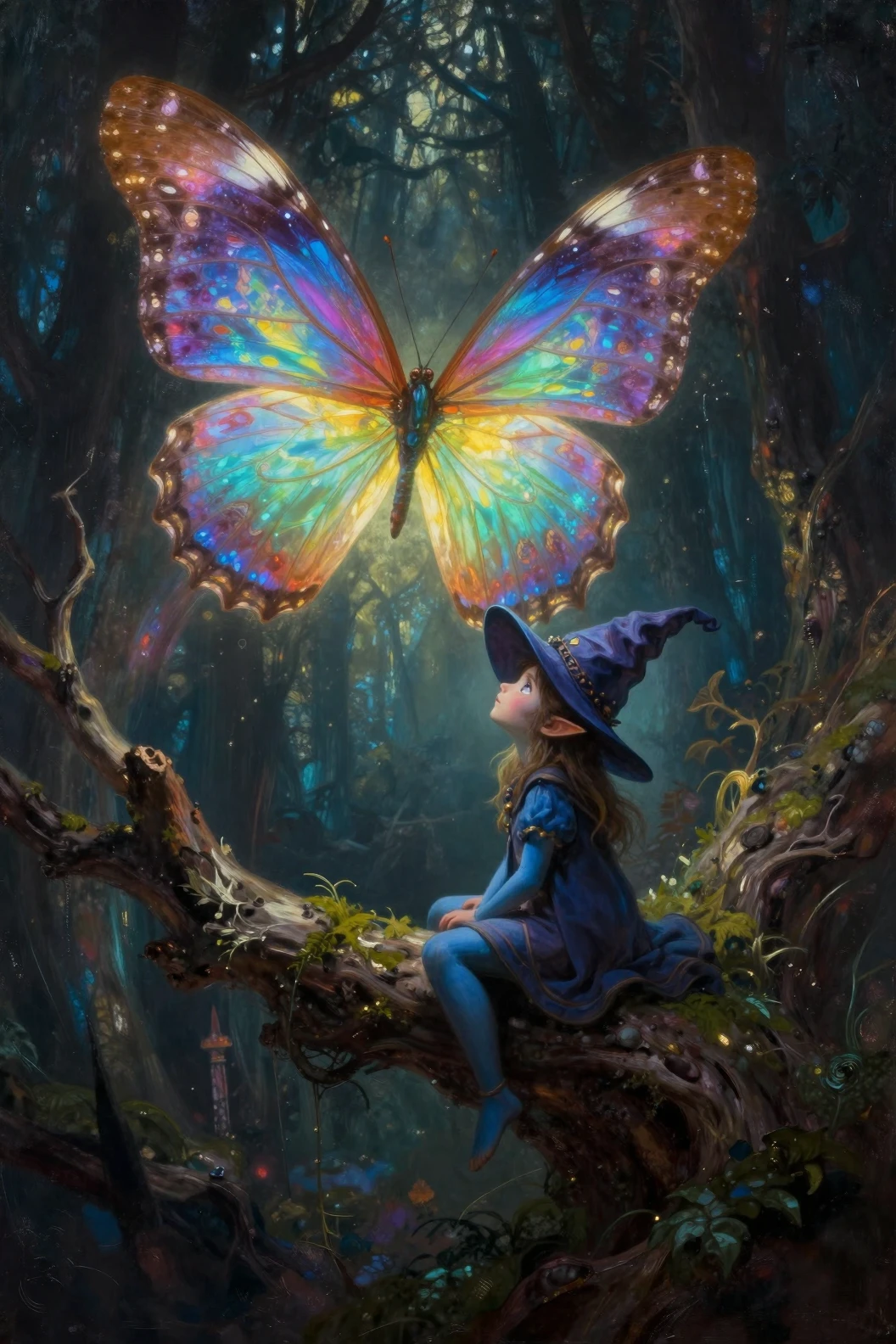 Tiny blue elf watching a glowing butterfly in forest