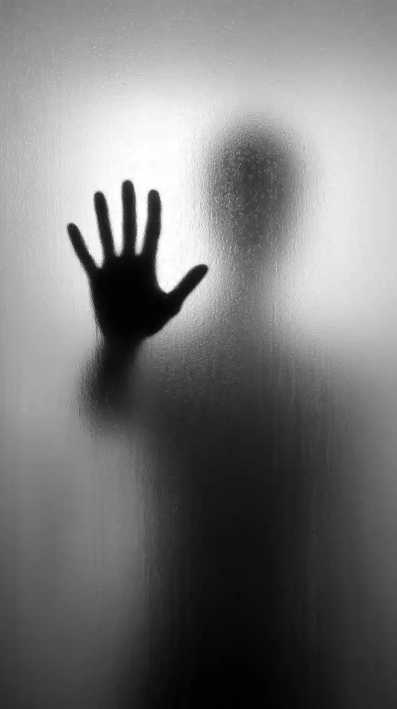 Alien silhouette behind frosted glass in monochrome close up