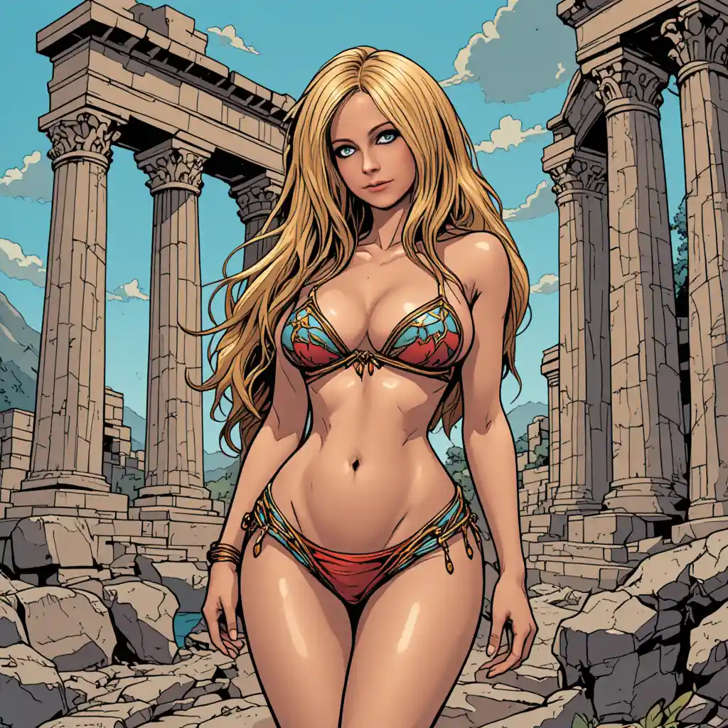 Curvy bikini clad woman posing at ancient Greek ruins